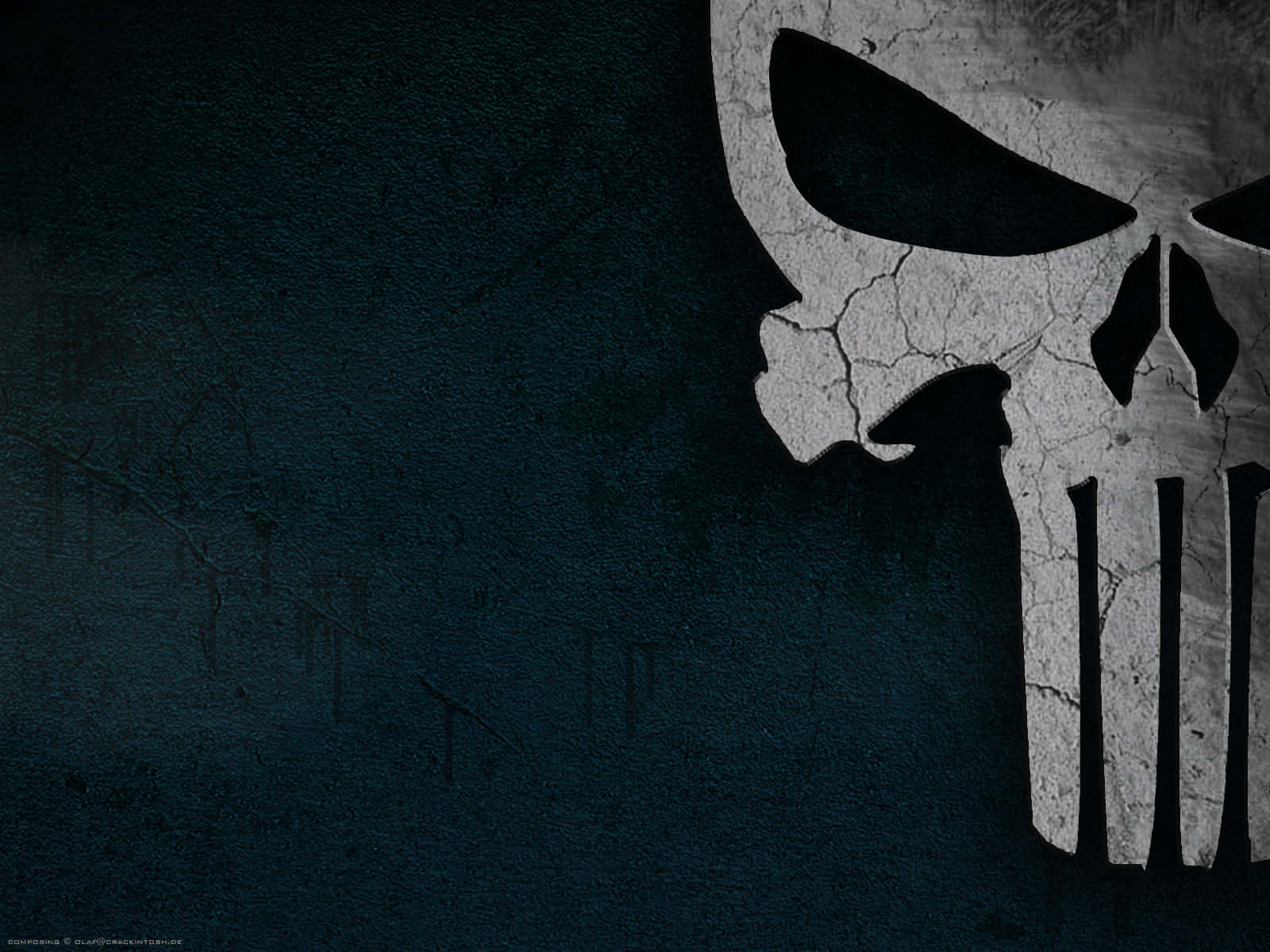 Punisher, cracked white skull emblem, dark textured blue wall, HD Desktop Wallpaper