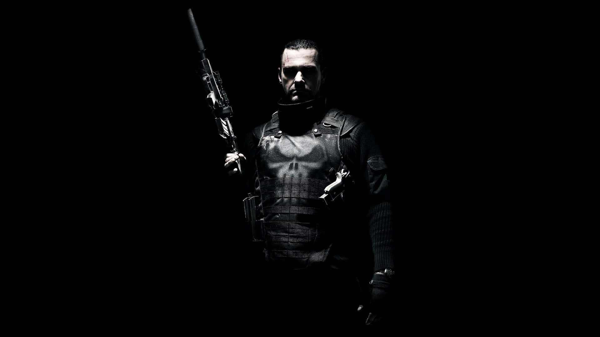 Punisher, black suit, skull emblem, Full HD Desktop Wallpaper