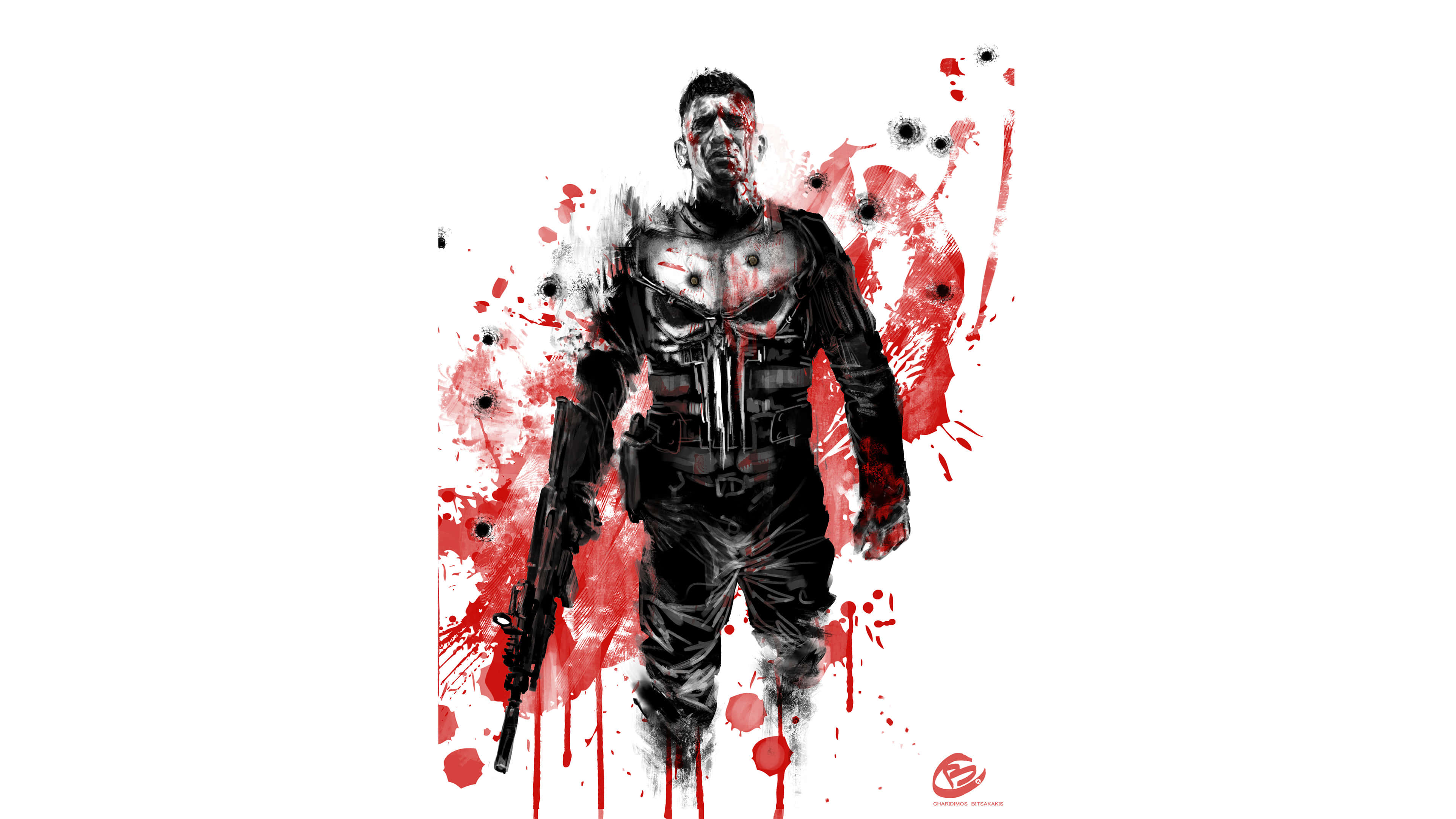 Punisher, black tactical gear, blood splatters, 4K Desktop Wallpaper