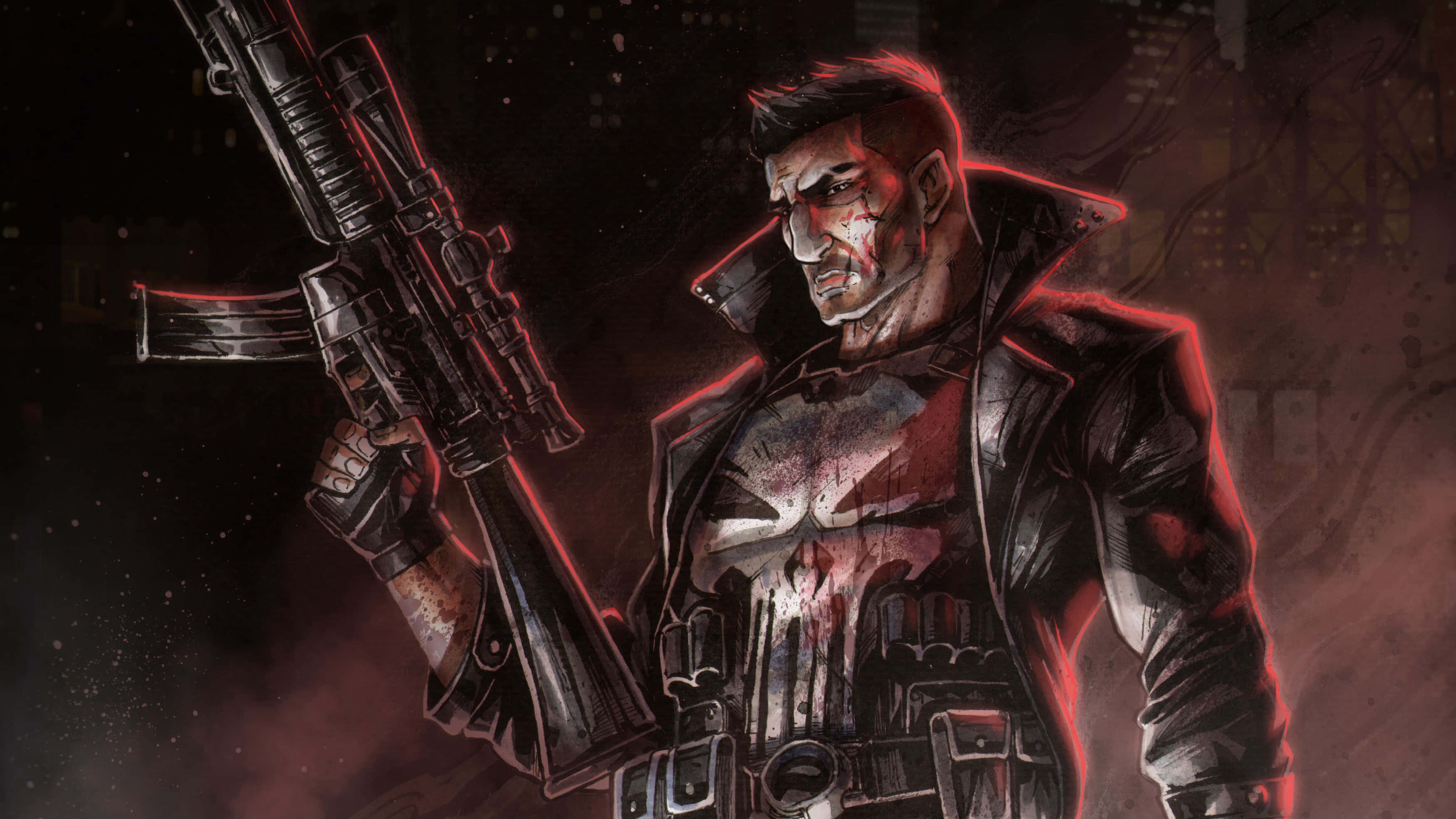 Punisher, comic book style, shadowy urban decay, 2K Desktop Wallpaper