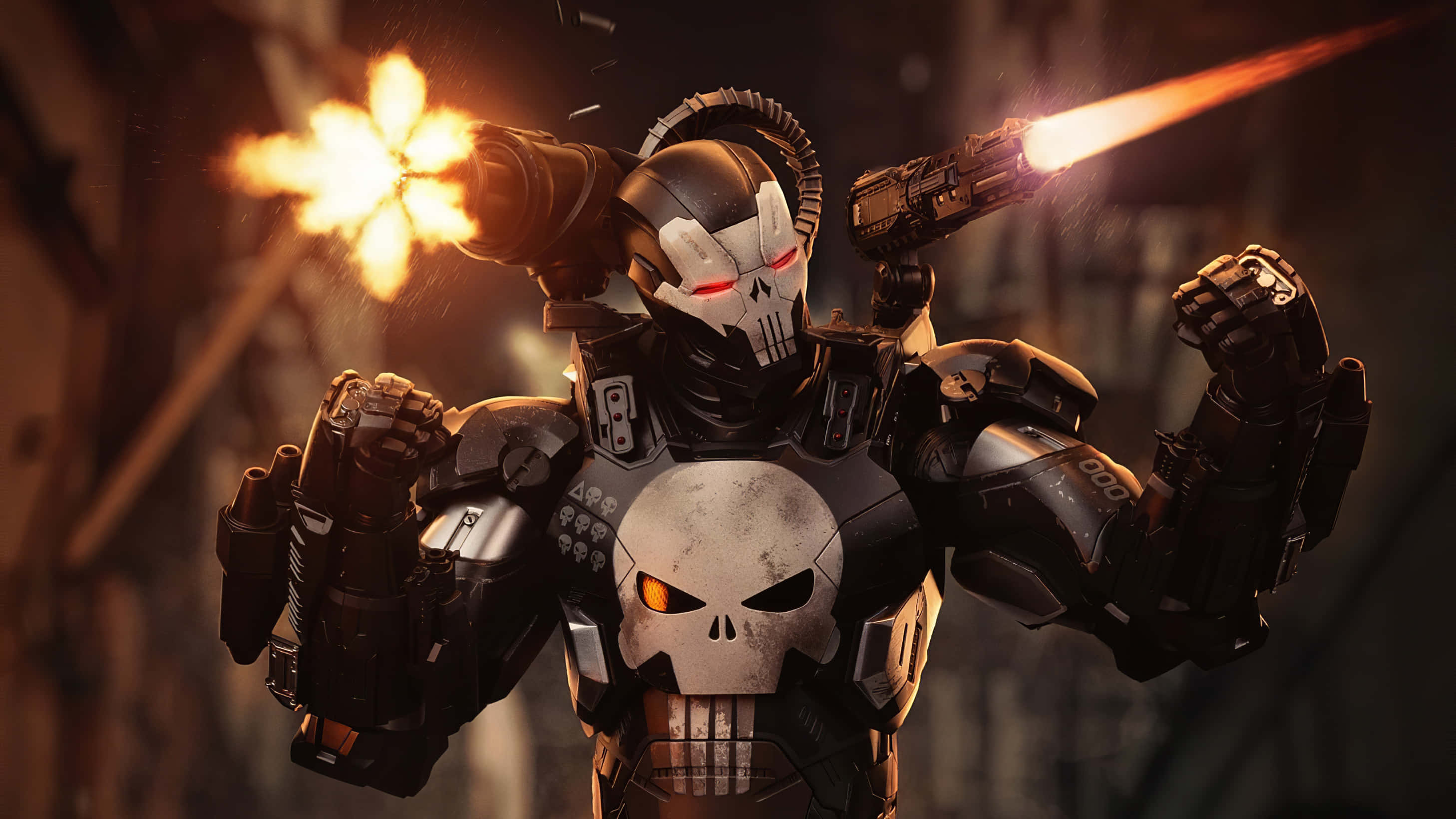 Punisher, skull emblem, muzzle flashes, 2K Desktop Wallpaper