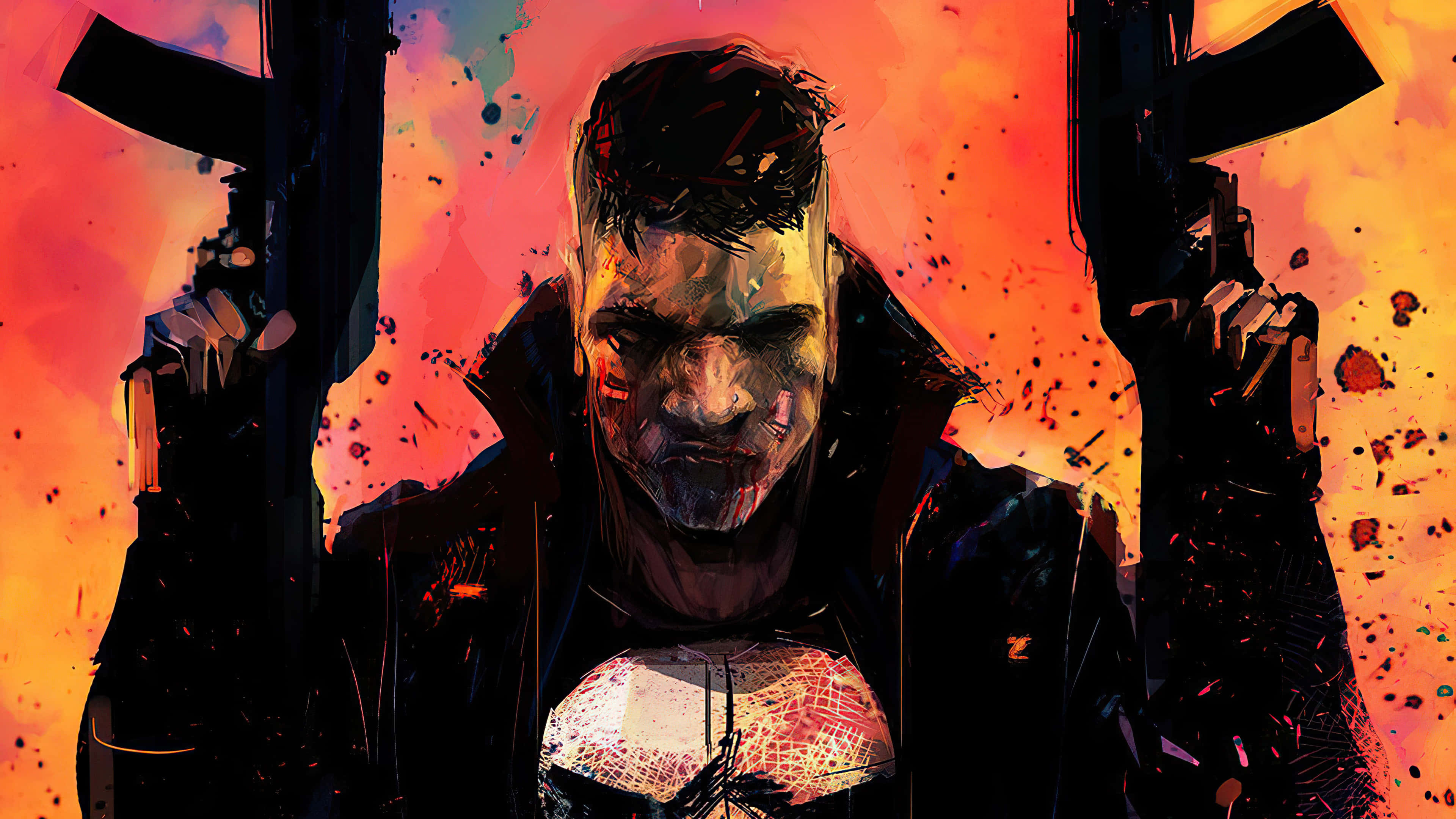 Punisher, skull emblem, fiery orange and red splatter background, 4K Desktop Wallpaper