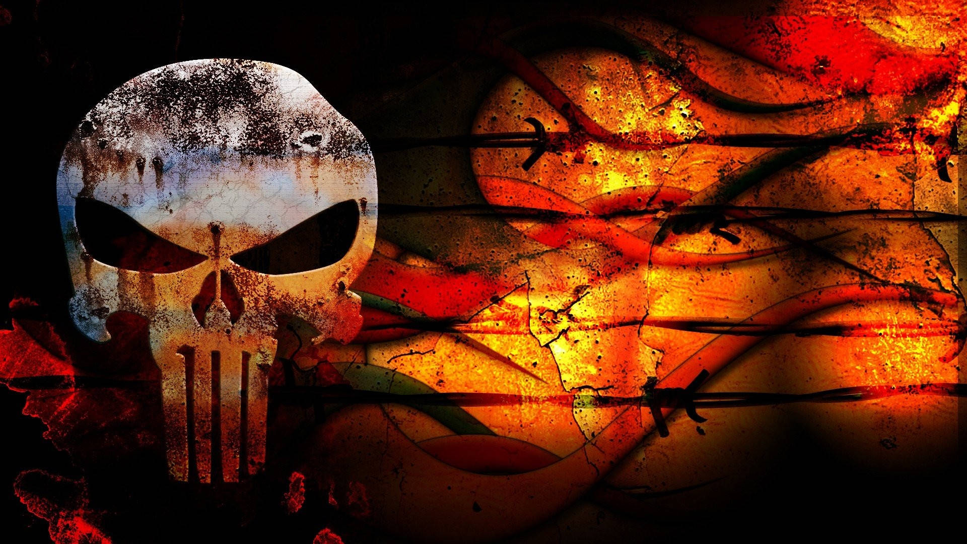 Punisher Skull, barbed wire, fiery orange-red splatters, Full HD Desktop Wallpaper