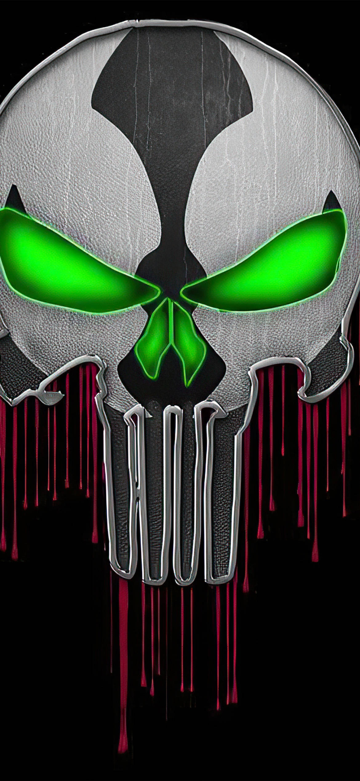 Punisher Skull, silver skull, glowing green eyes, Full HD Phone Wallpaper