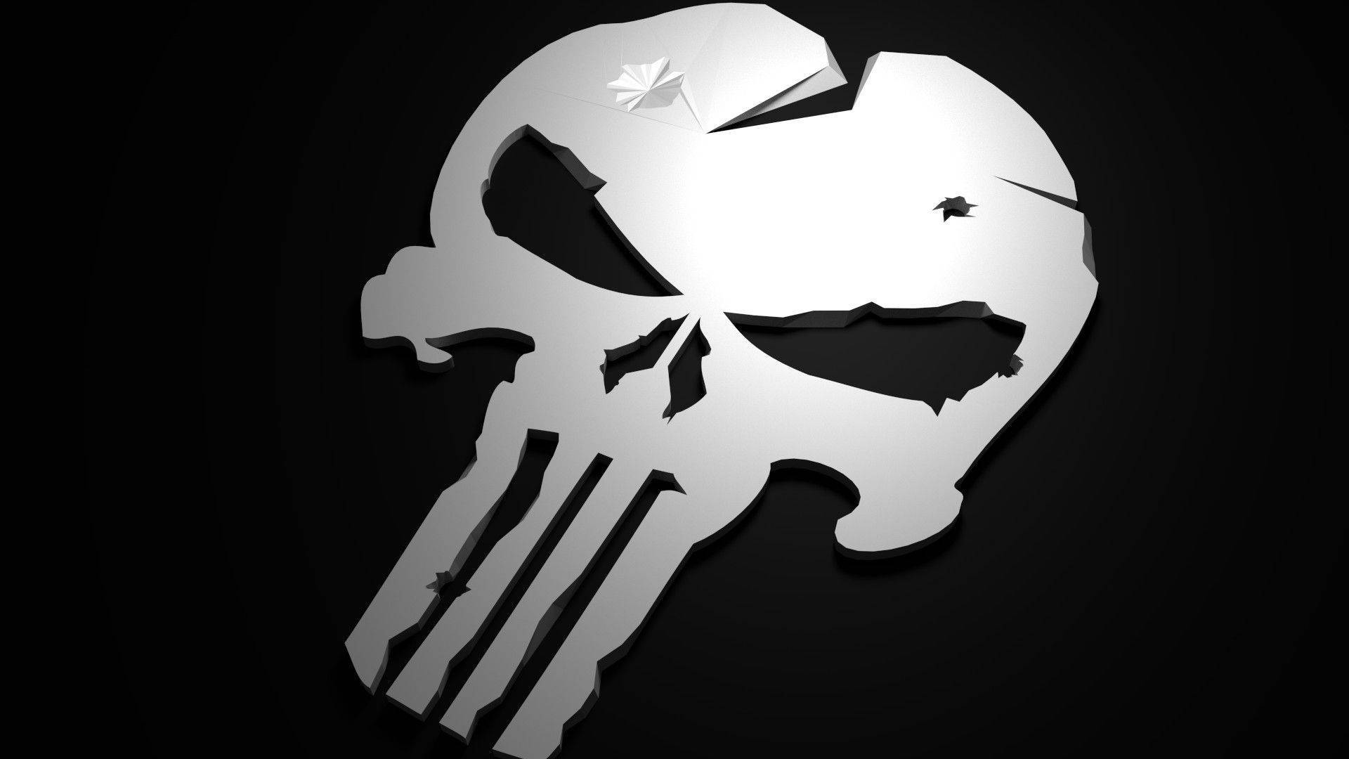 Punisher skull, metallic silver, bullet holes, Full HD Desktop Wallpaper