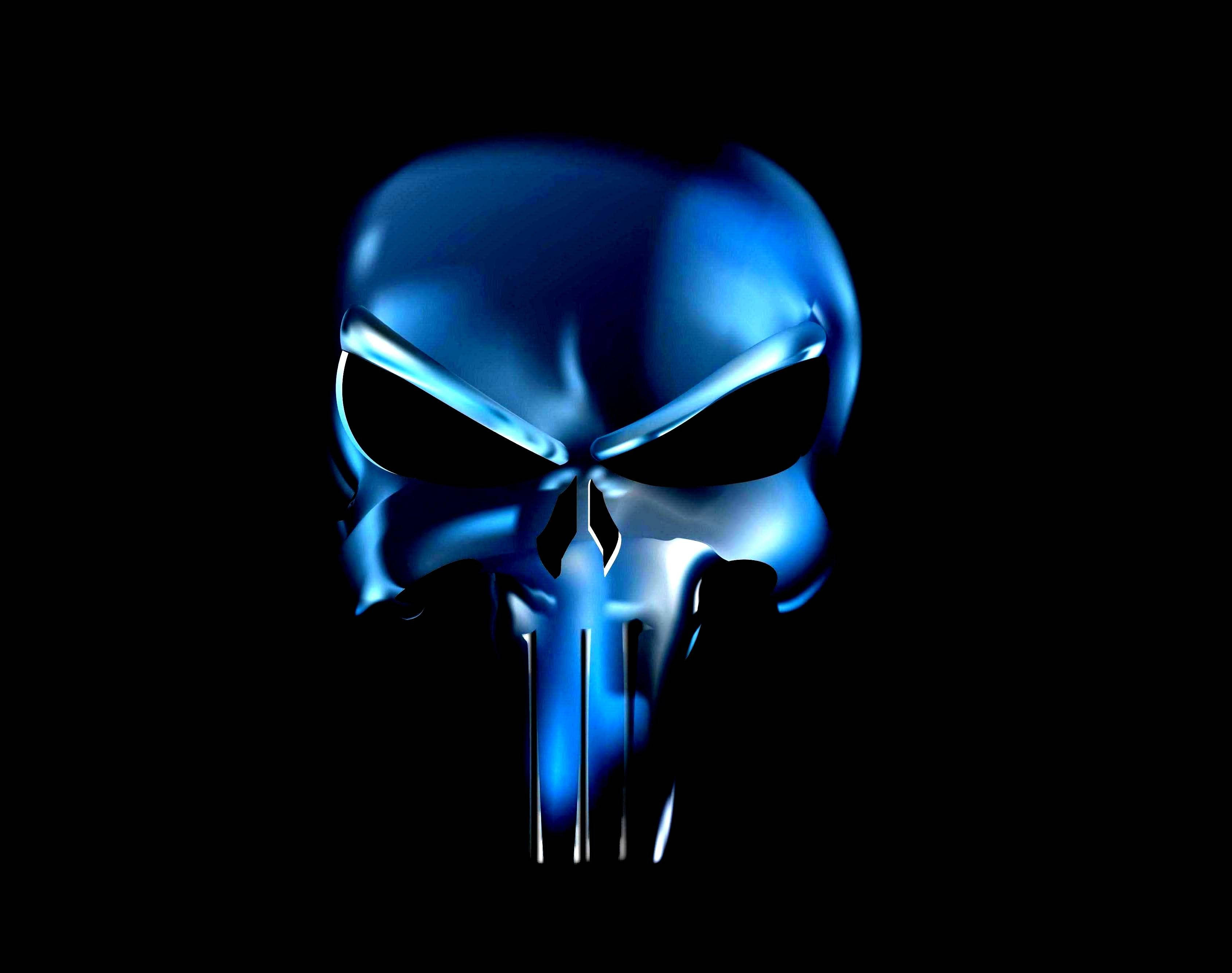 Punisher Skull, blue metallic, glowing eyes, 2K Desktop Wallpaper