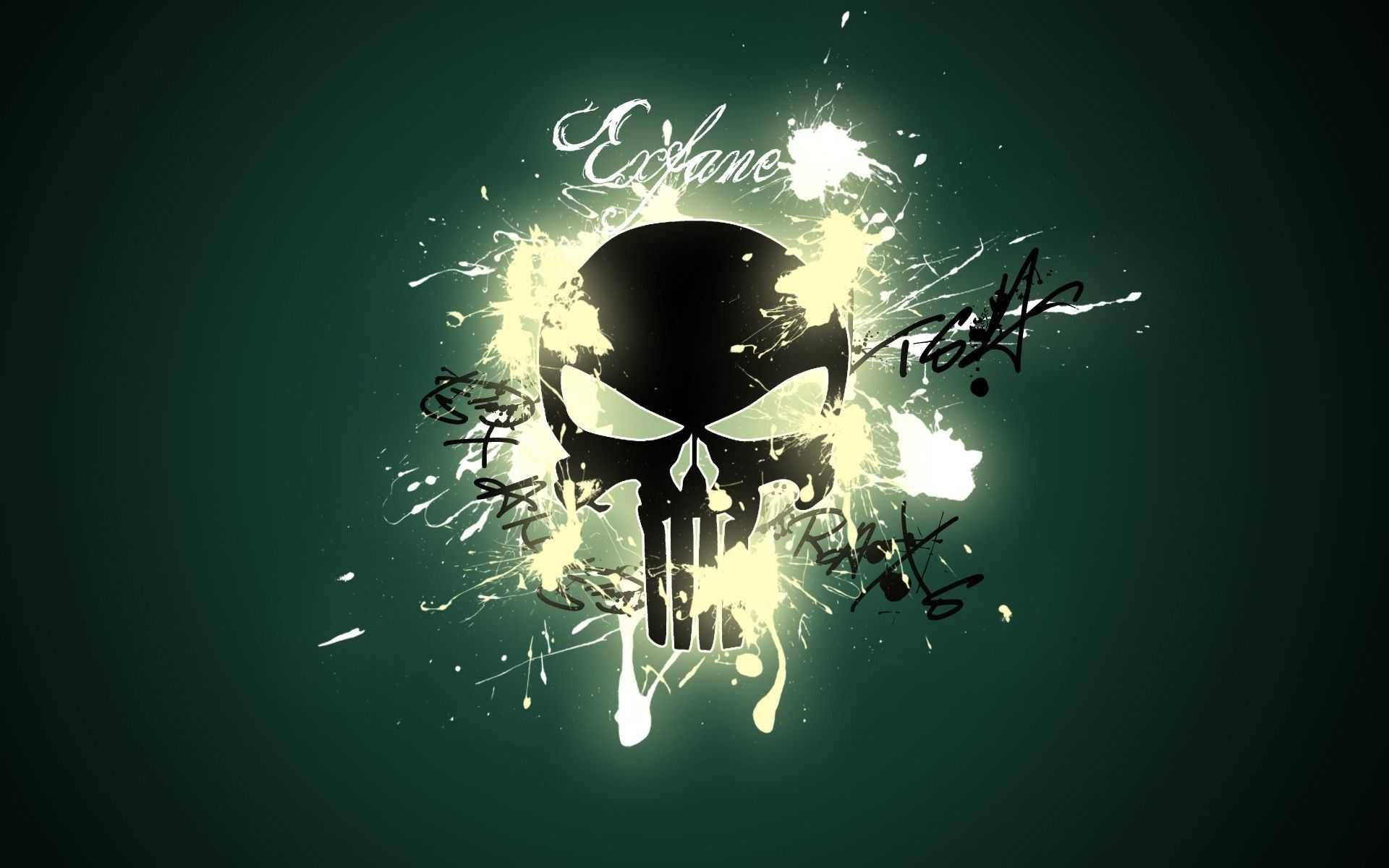 Punisher Skull, neon lights, white paint splatters, Full HD Desktop Wallpaper