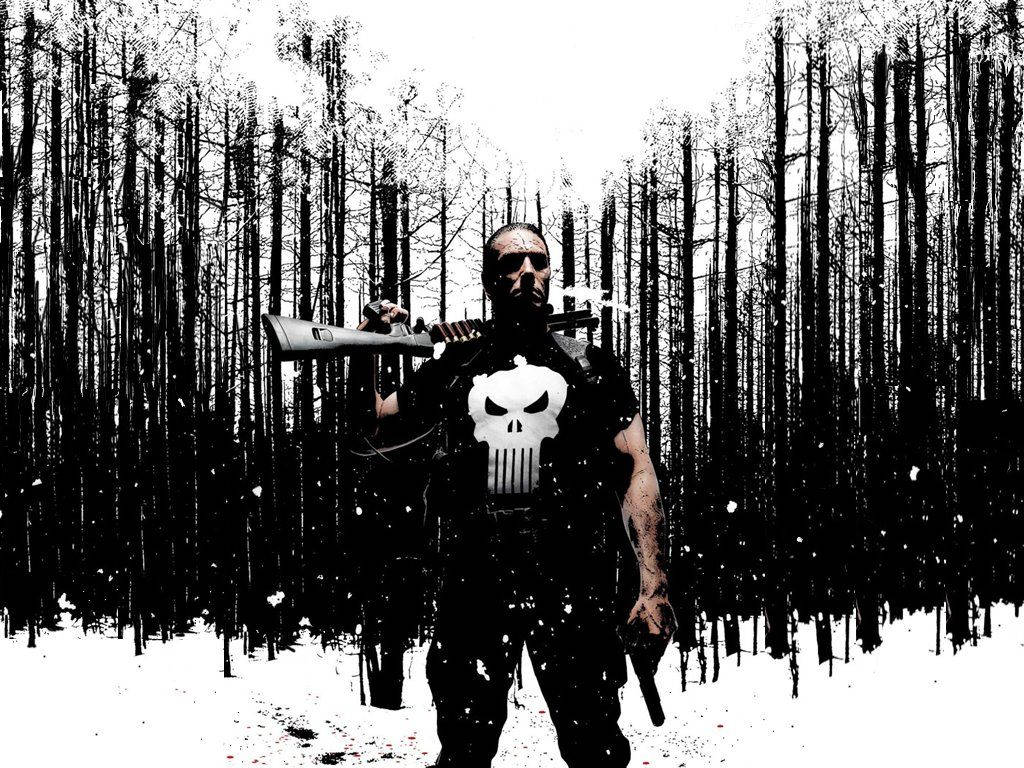 The Punisher, snowy forest, black and white depiction, SD Desktop Wallpaper