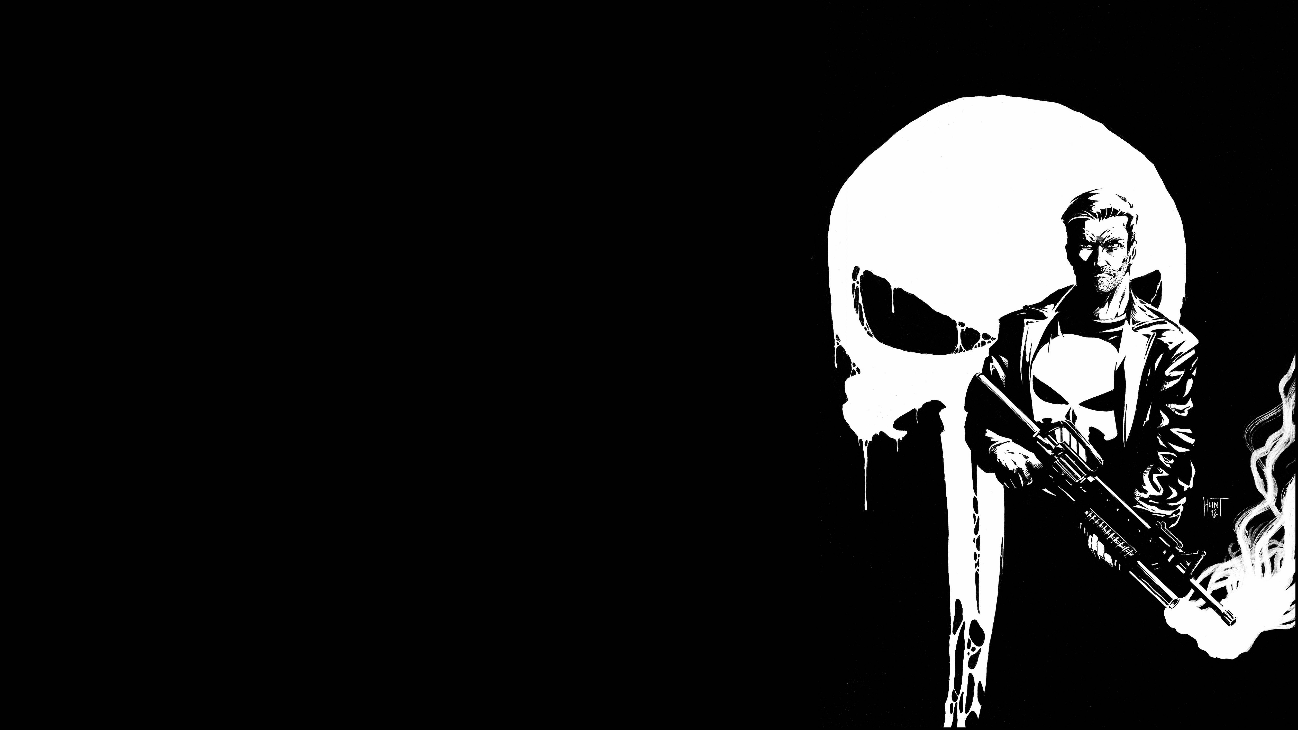 Punisher, skull, black and white illustration, 4K Desktop Wallpaper