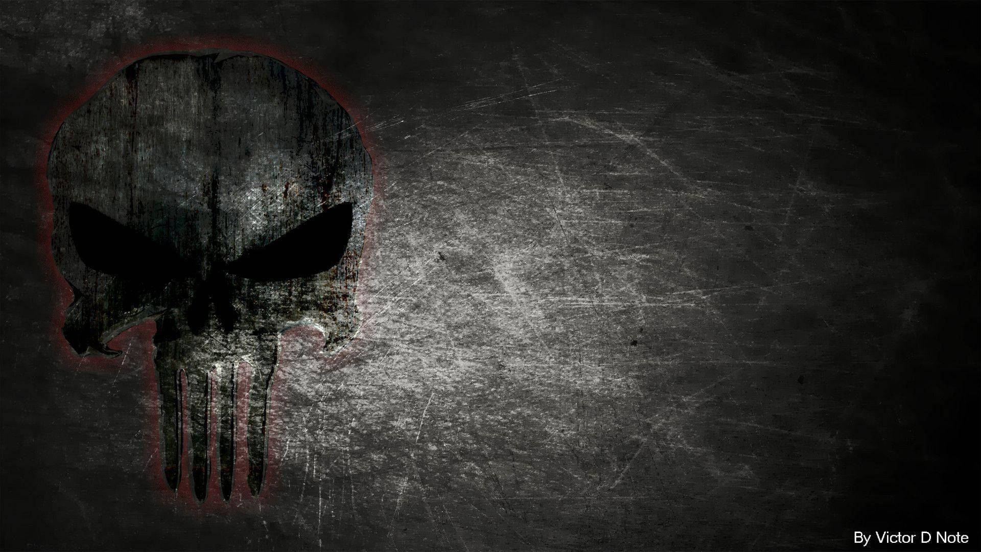 Punisher Skull, red outline, scratched dark gray wall, Full HD Desktop Wallpaper