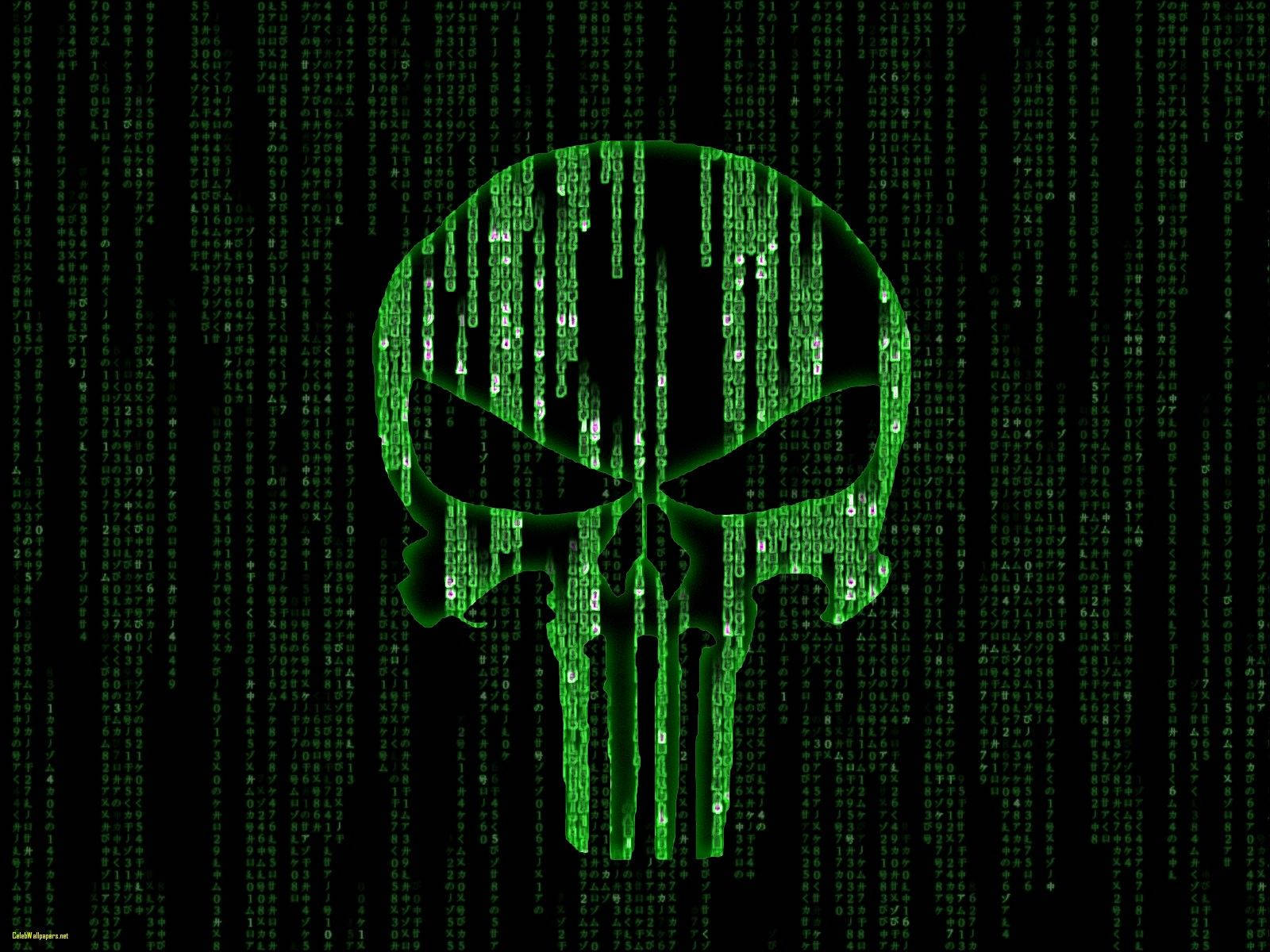 Punisher skull, green matrix, glowing green, HD Desktop Wallpaper