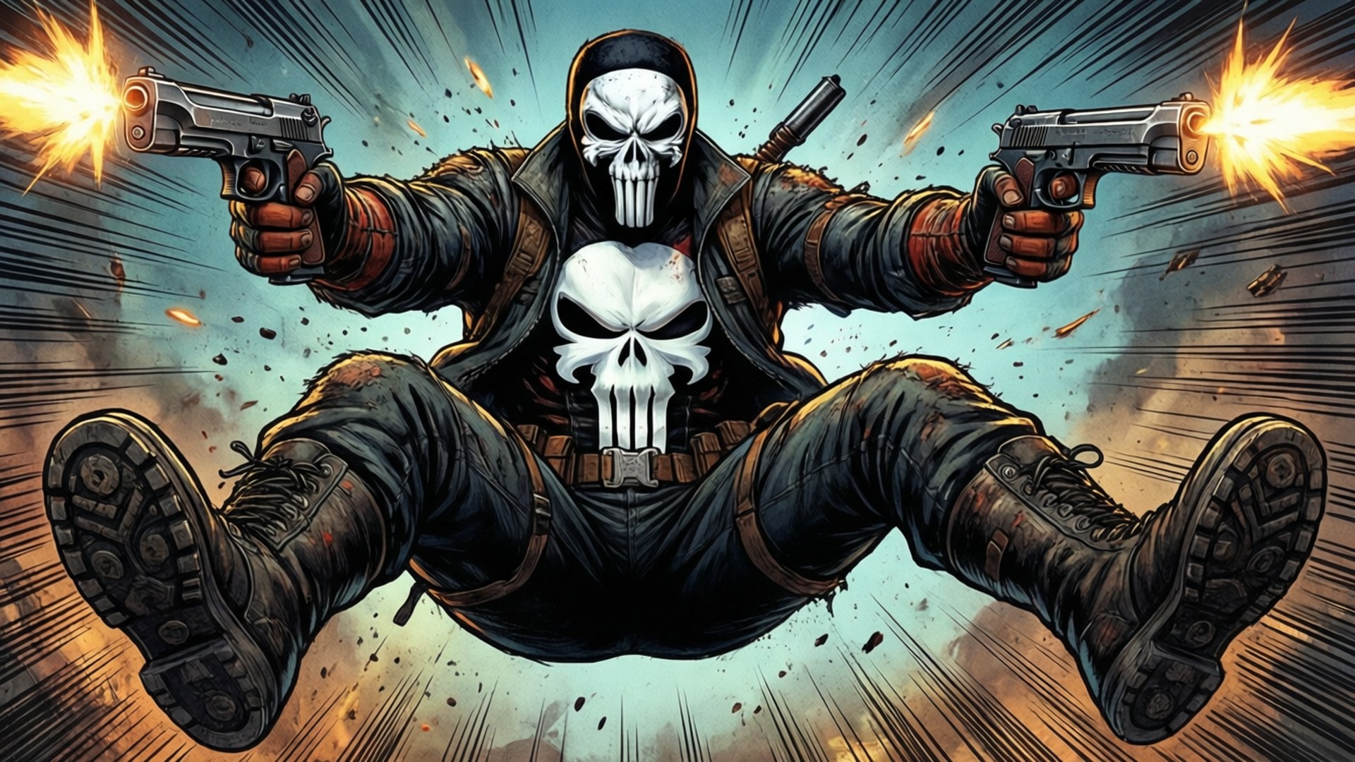 Punisher, dual-wielding pistols, comic style, Full HD Desktop Wallpaper