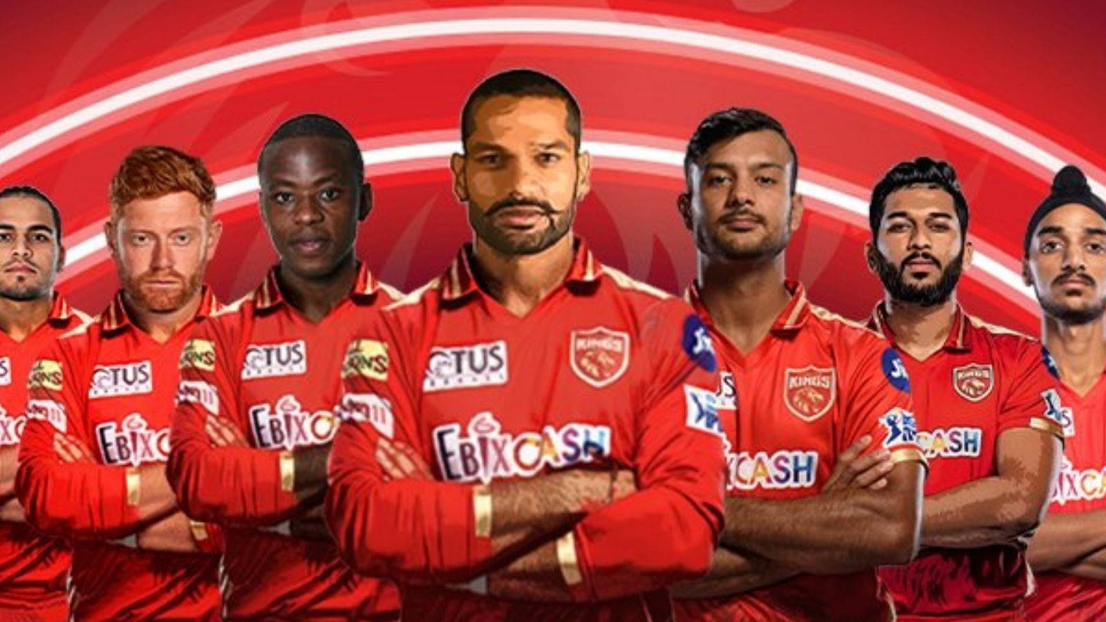 Punjab Kings, red jerseys, red and white curved background, HD Desktop Wallpaper