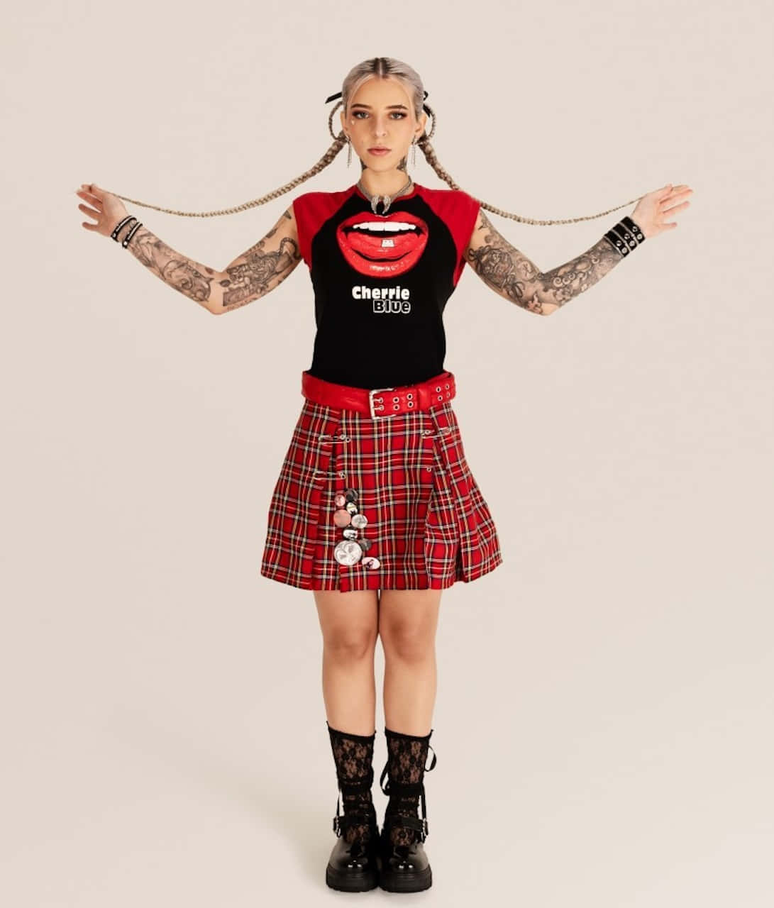red and black graphic tee, plaid skirt, lace boots, HD Phone Wallpaper