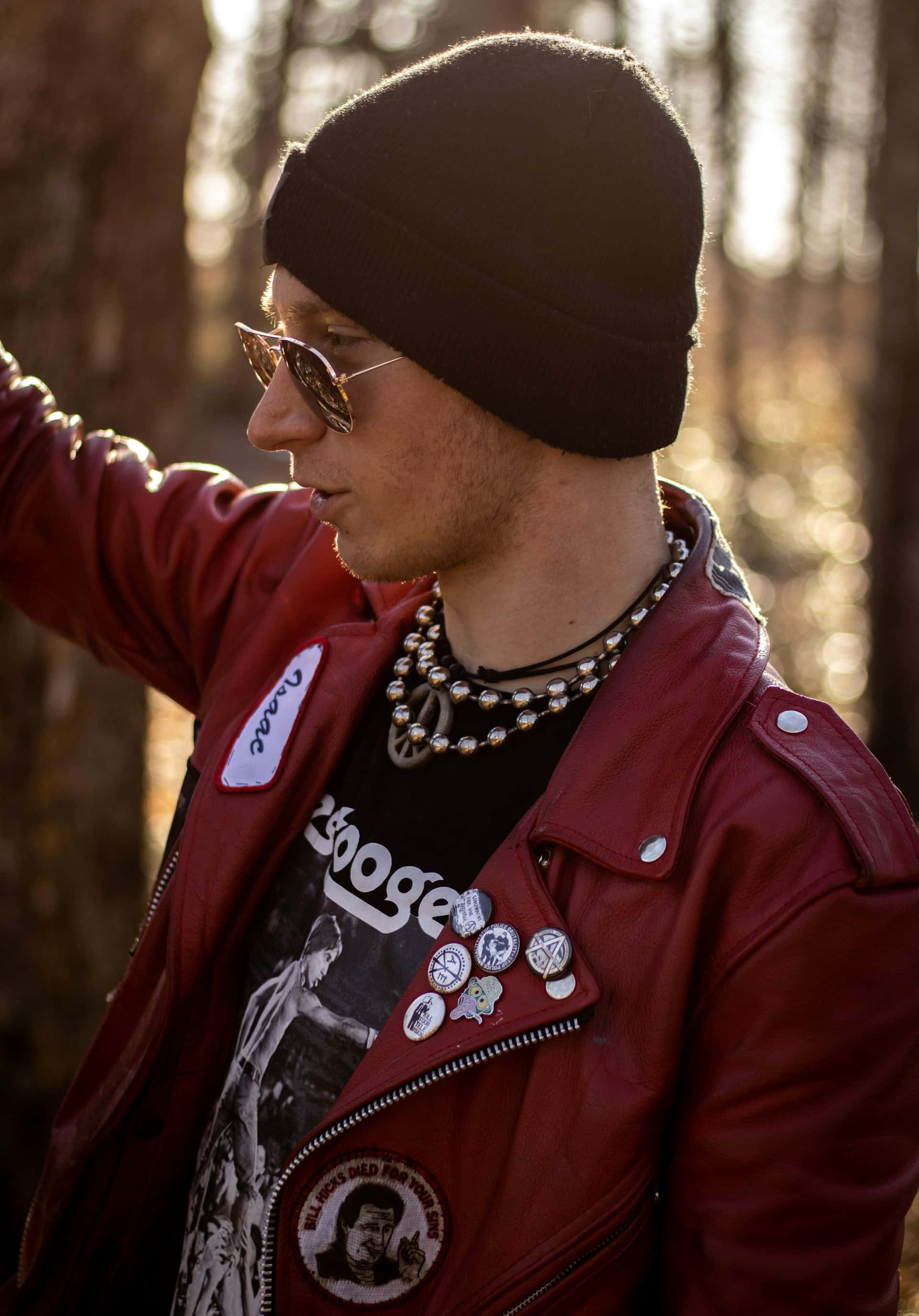 red leather jacket, black beanie, sunglasses, 2K Phone Wallpaper