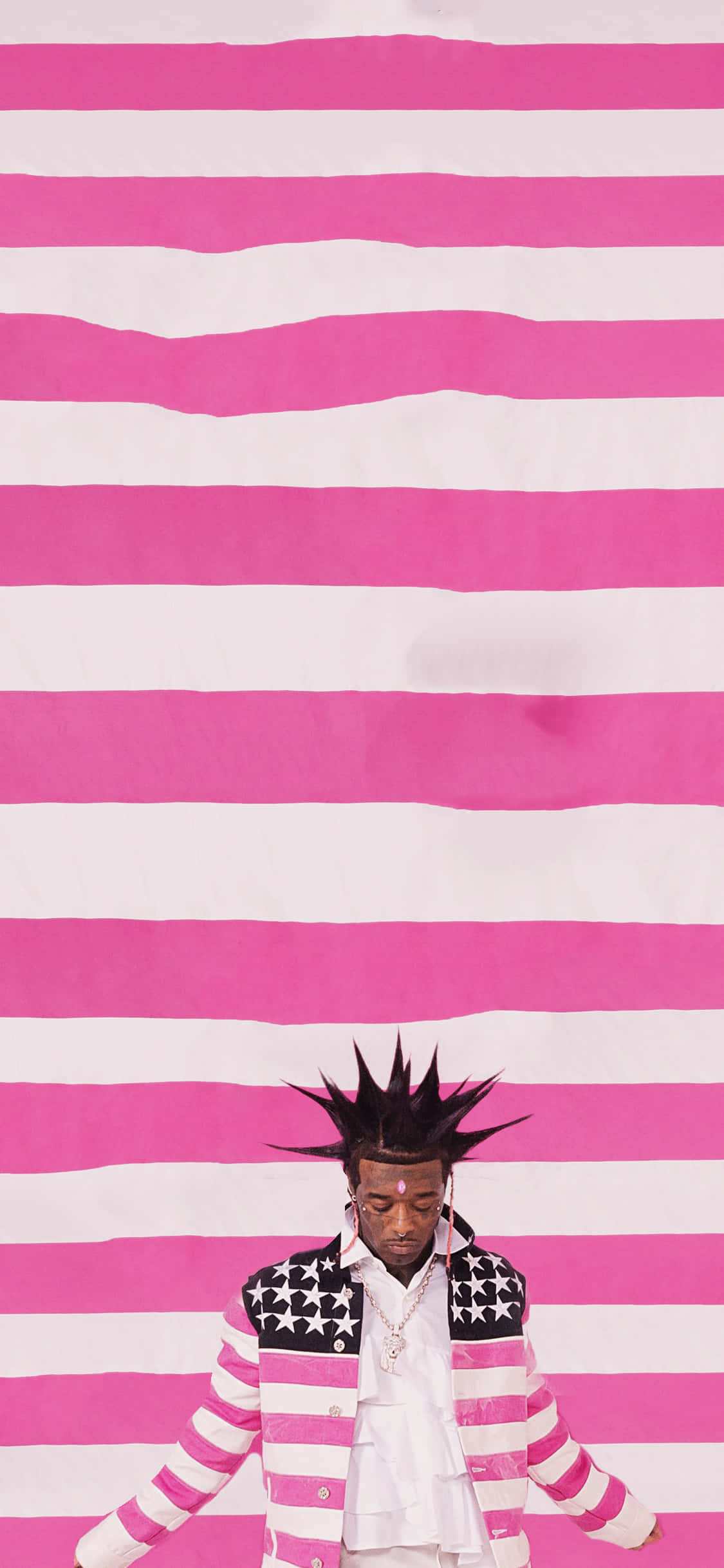 spiked hair, star-spangled jacket, pink and white striped background, Full HD Phone Wallpaper