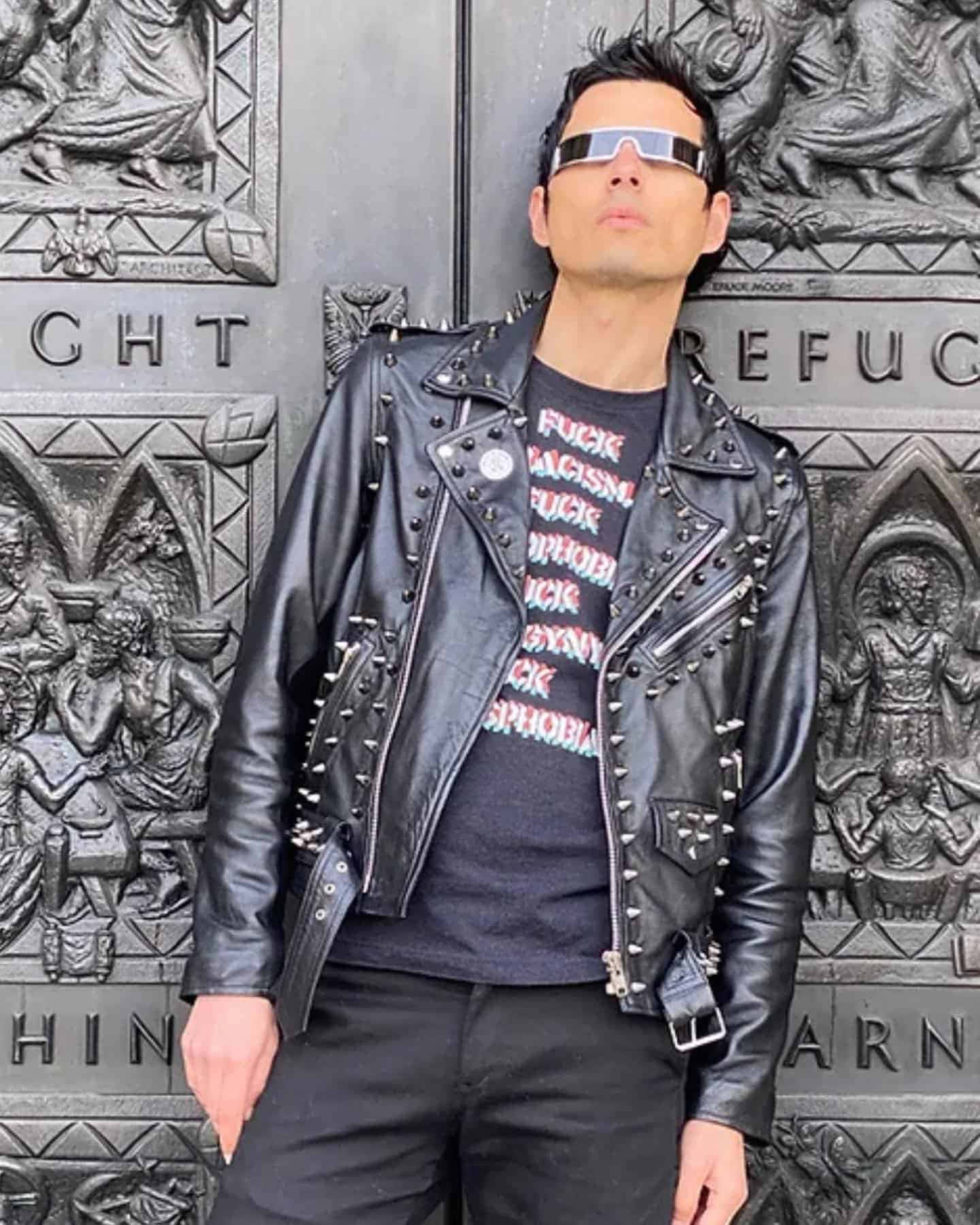 studded black leather jacket, sunglasses, ornate dark metal door, HD Phone Wallpaper
