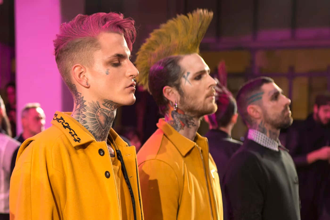 vibrant pink and yellow mohawks, neck tattoos, bold yellow jackets, HD Desktop Wallpaper