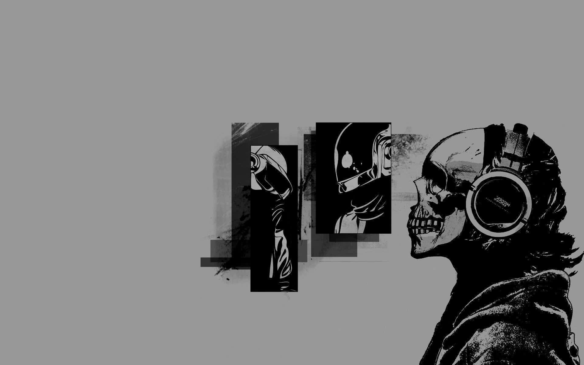 skull, headphones, black and white illustration, Full HD Desktop Wallpaper