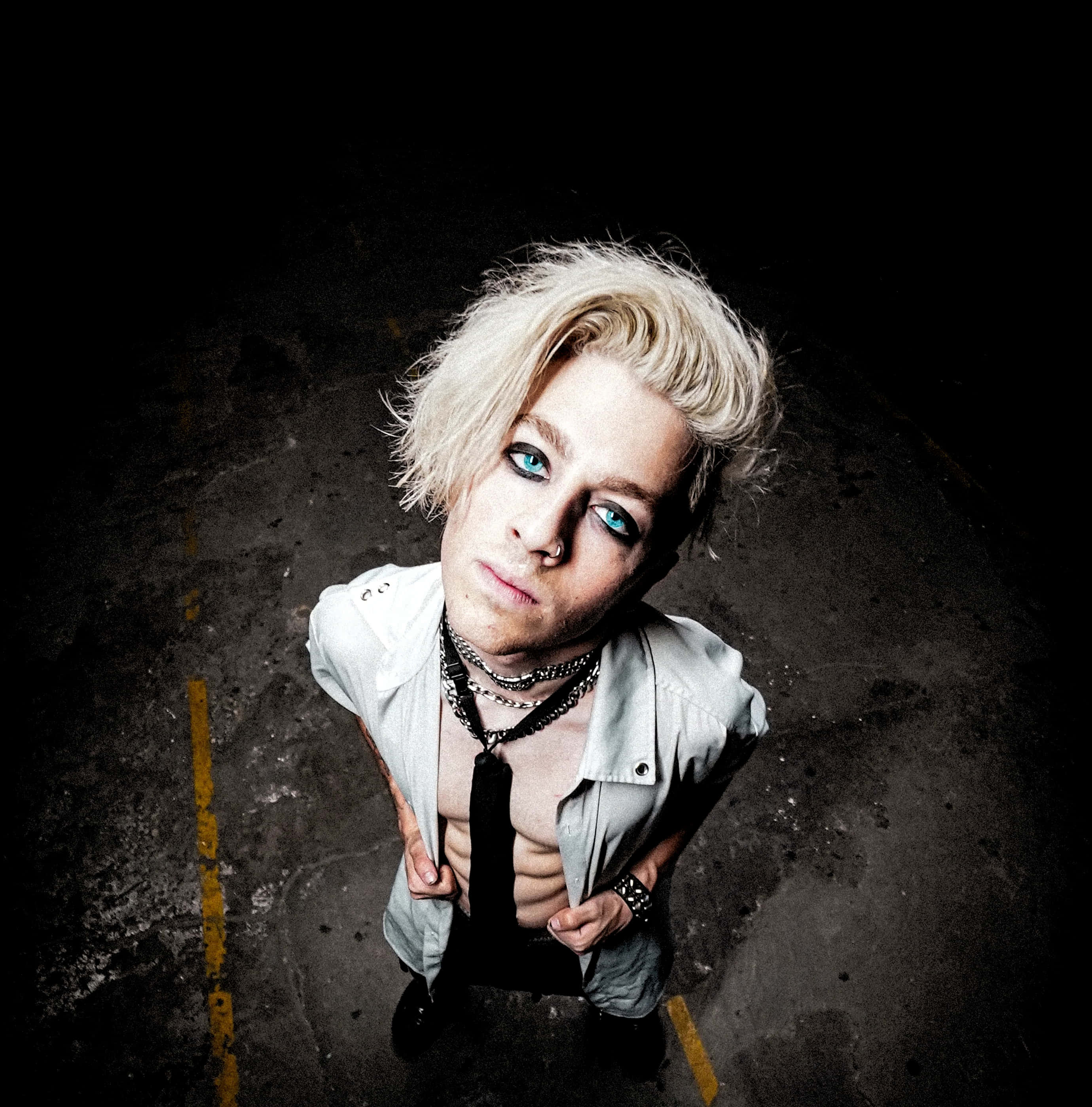 platinum blonde hair, striking blue eyes, dark asphalt road, 2K Phone Wallpaper