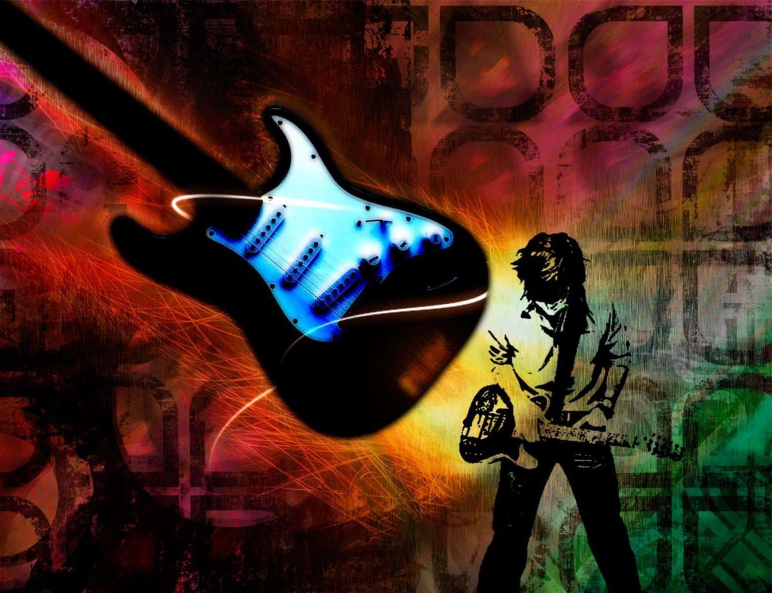 glowing blue electric guitar, silhouetted guitarist, fiery abstract background, HD Desktop Wallpaper