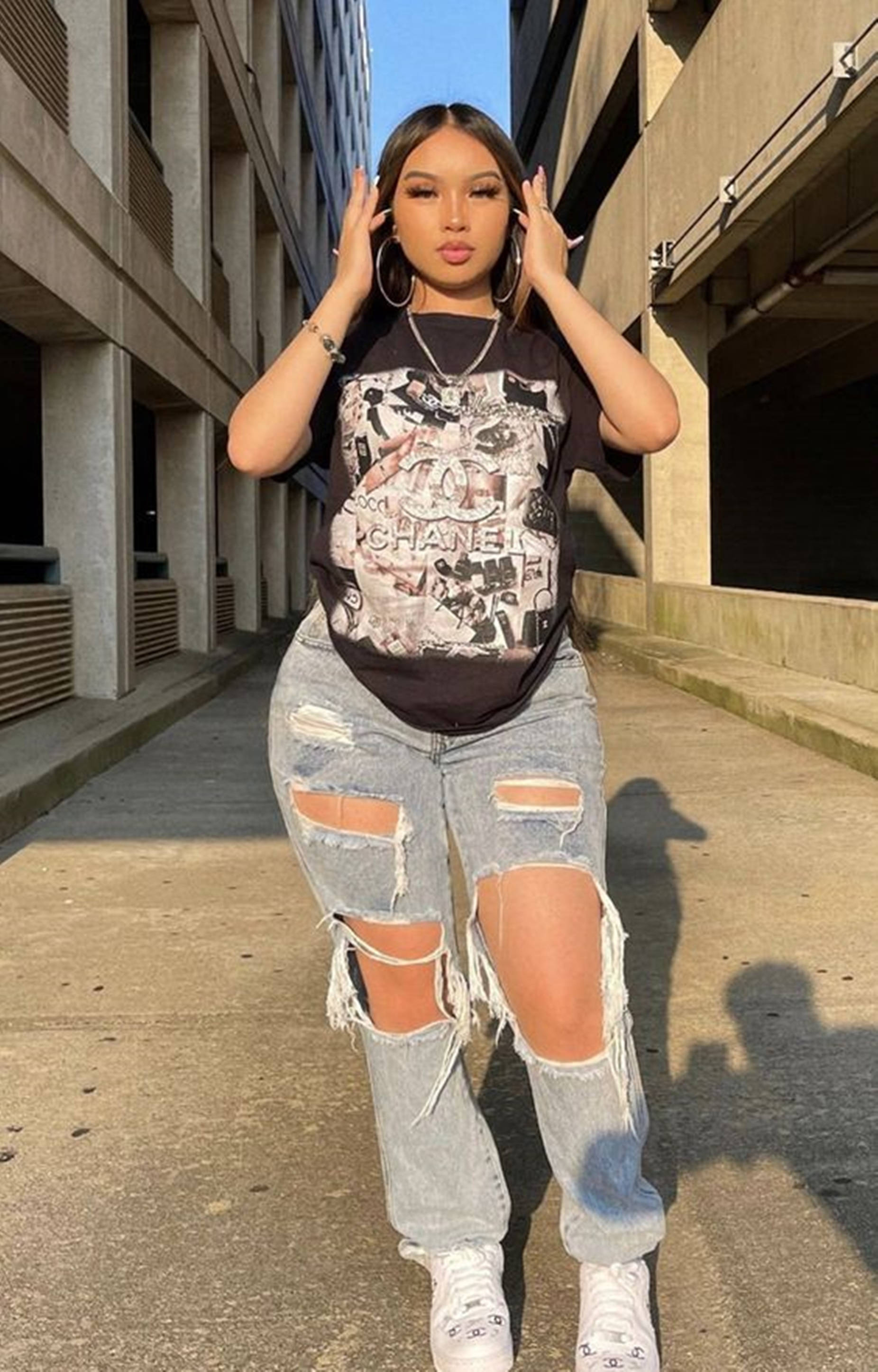 chubby teen punk style, ripped jeans, graphic tee, 2K Phone Wallpaper