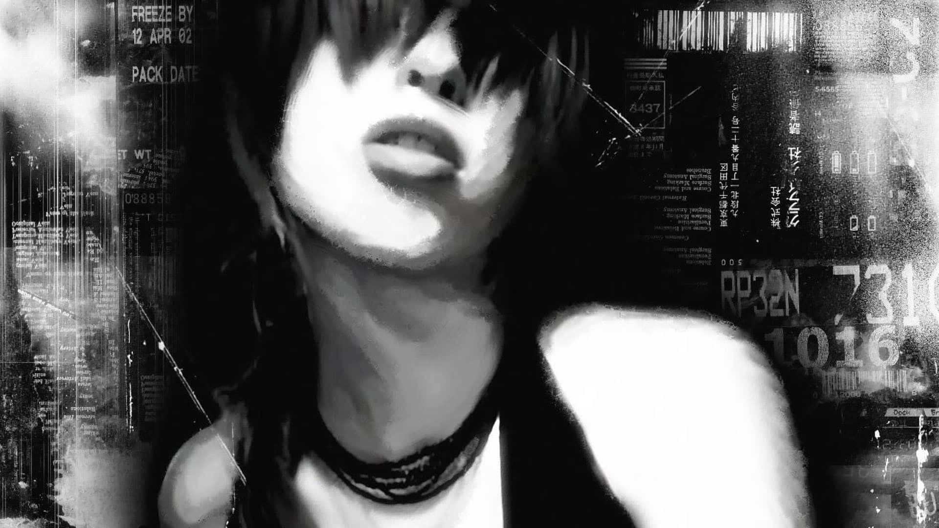 punk rock, black and white portrait, glitchy digital background, Full HD Desktop Wallpaper