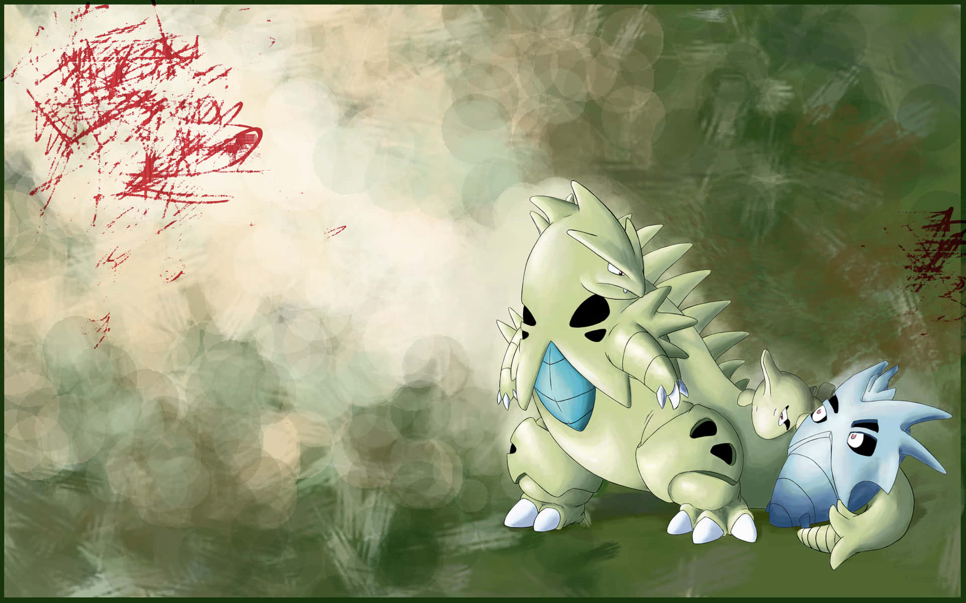 Pupitar, green spiked dinosaur-like creature, smaller blue one, Full HD Desktop Wallpaper