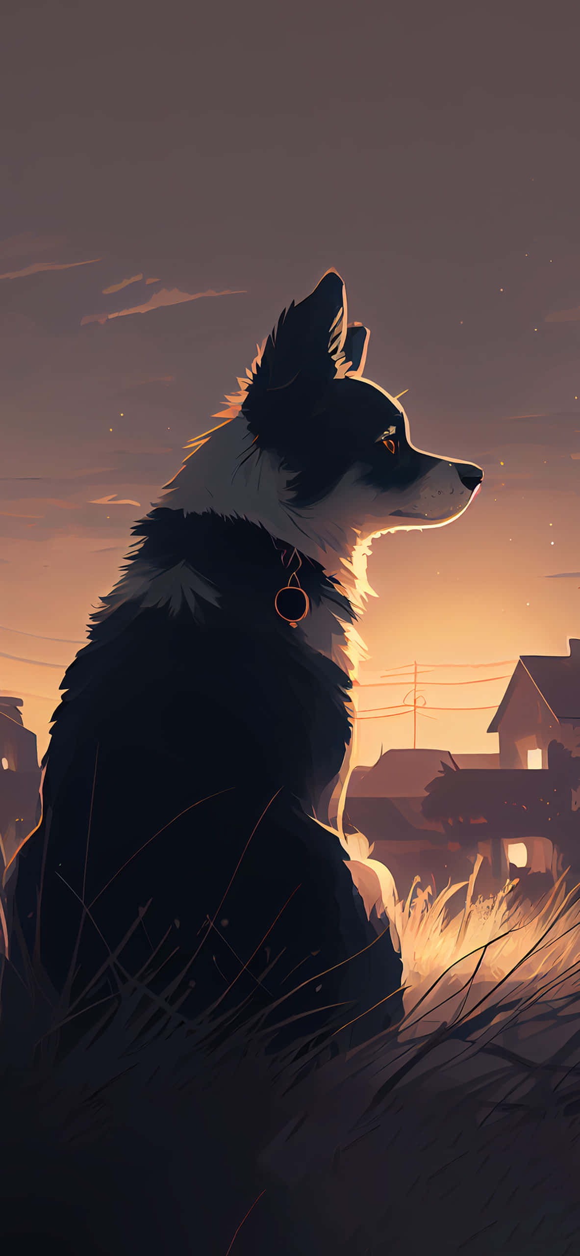 sunset silhouette, black and white dog, tall grass, 2K Phone Wallpaper