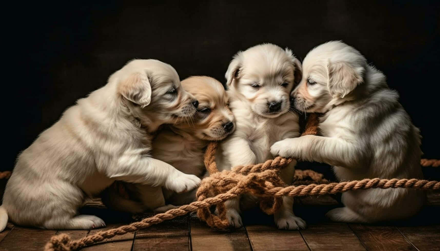 golden puppies, wooden floor, thick brown rope, HD Desktop Wallpaper