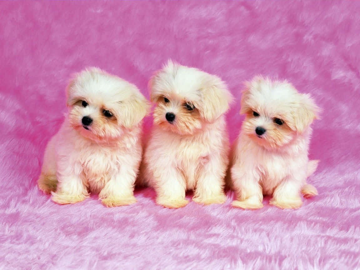 three fluffy puppies, cream-colored, vibrant pink textured blanket, SD Desktop Wallpaper