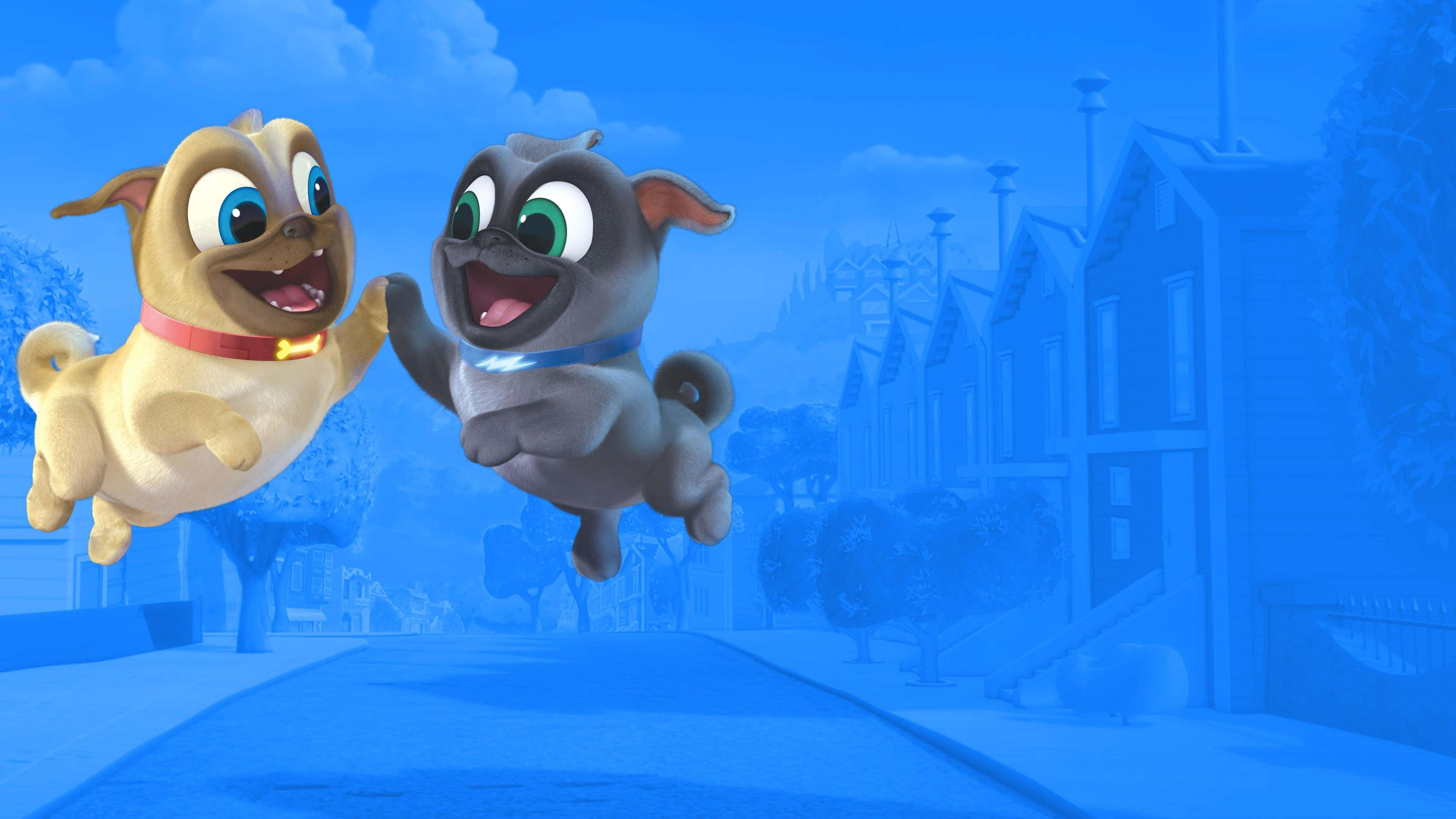 Puppy Dog Pals, cartoon puppies, blue-tinted suburban street, 4K Desktop Wallpaper