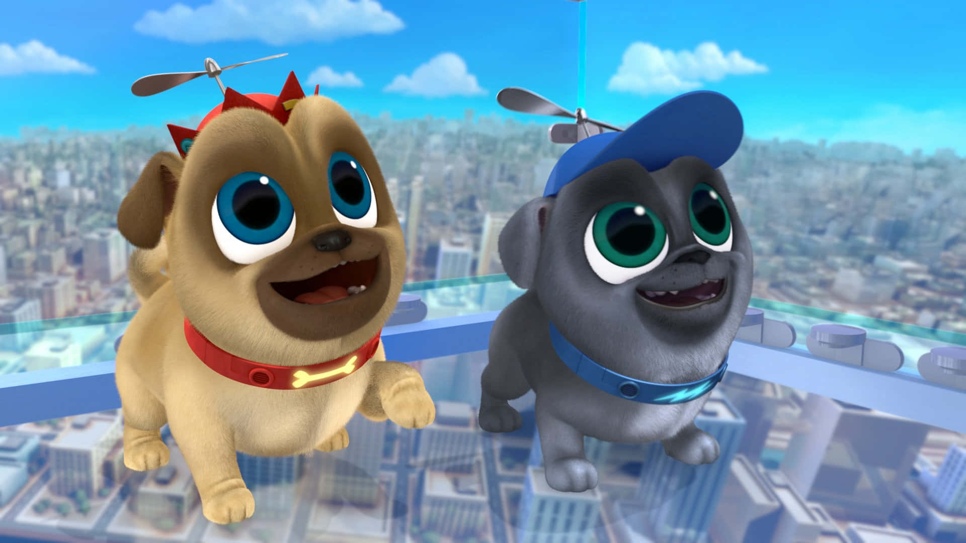 Puppy Dog Pals, helicopter hats, cityscape, Full HD Desktop Wallpaper