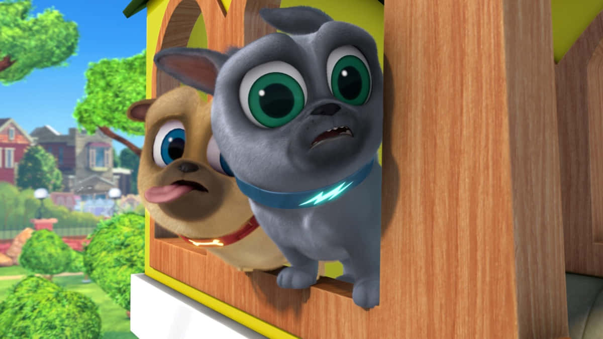 Puppy Dog Pals, wooden doghouse, sunny suburban yard, SD Desktop Wallpaper