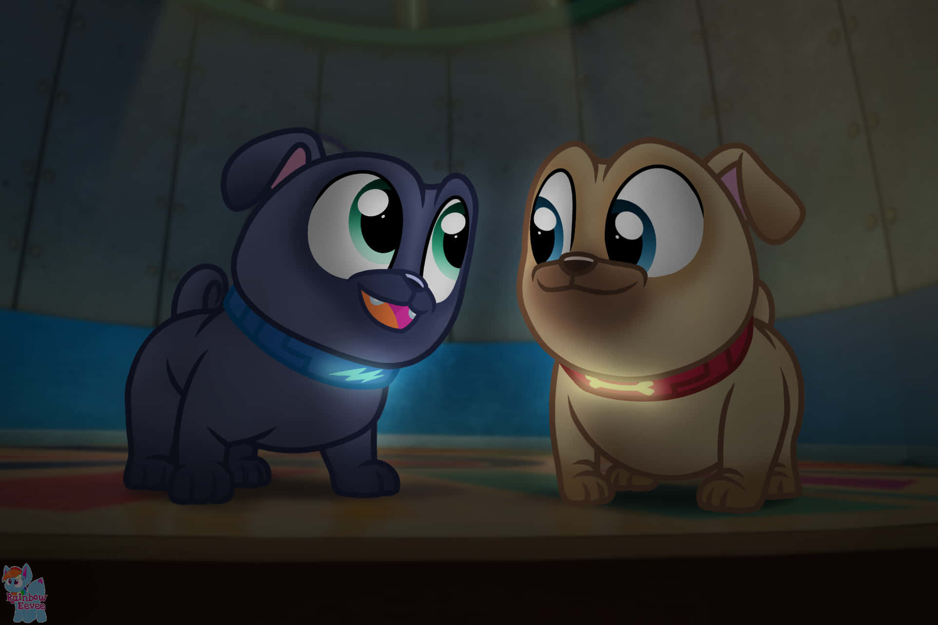 Puppy Dog Pals, glowing collars, dimly lit room, Full HD Desktop Wallpaper