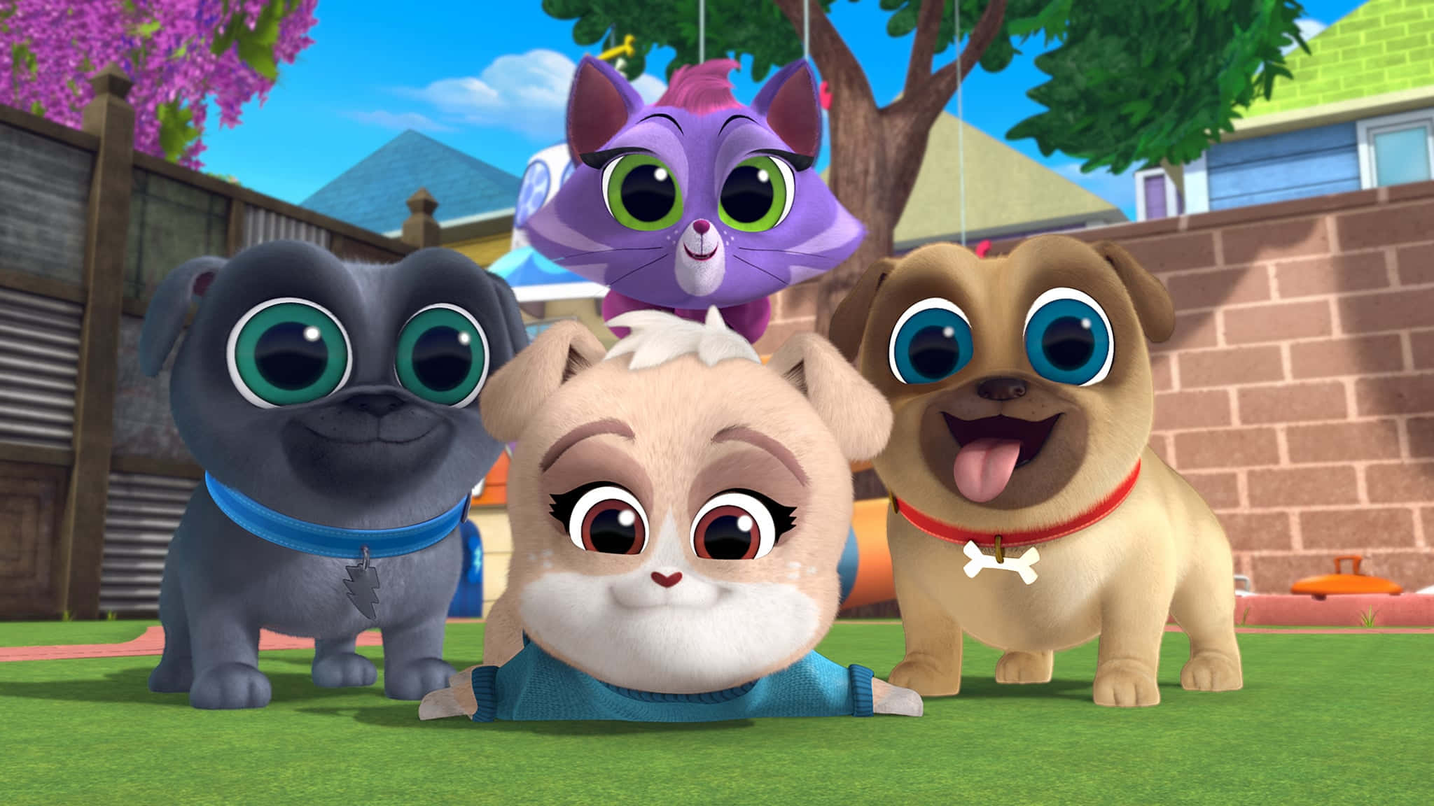 Puppy Dog Pals, backyard, blooming trees, Full HD Desktop Wallpaper