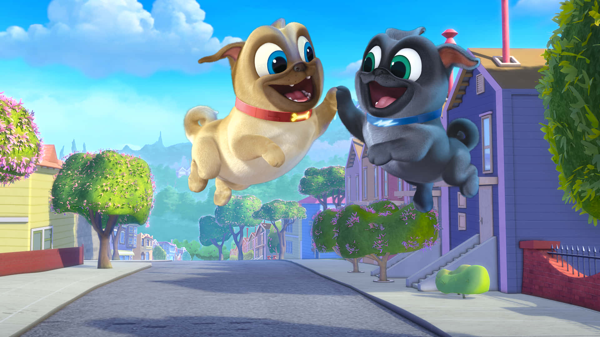 Puppy Dog Pals, cartoon puppies, colorful suburban street, Full HD Desktop Wallpaper