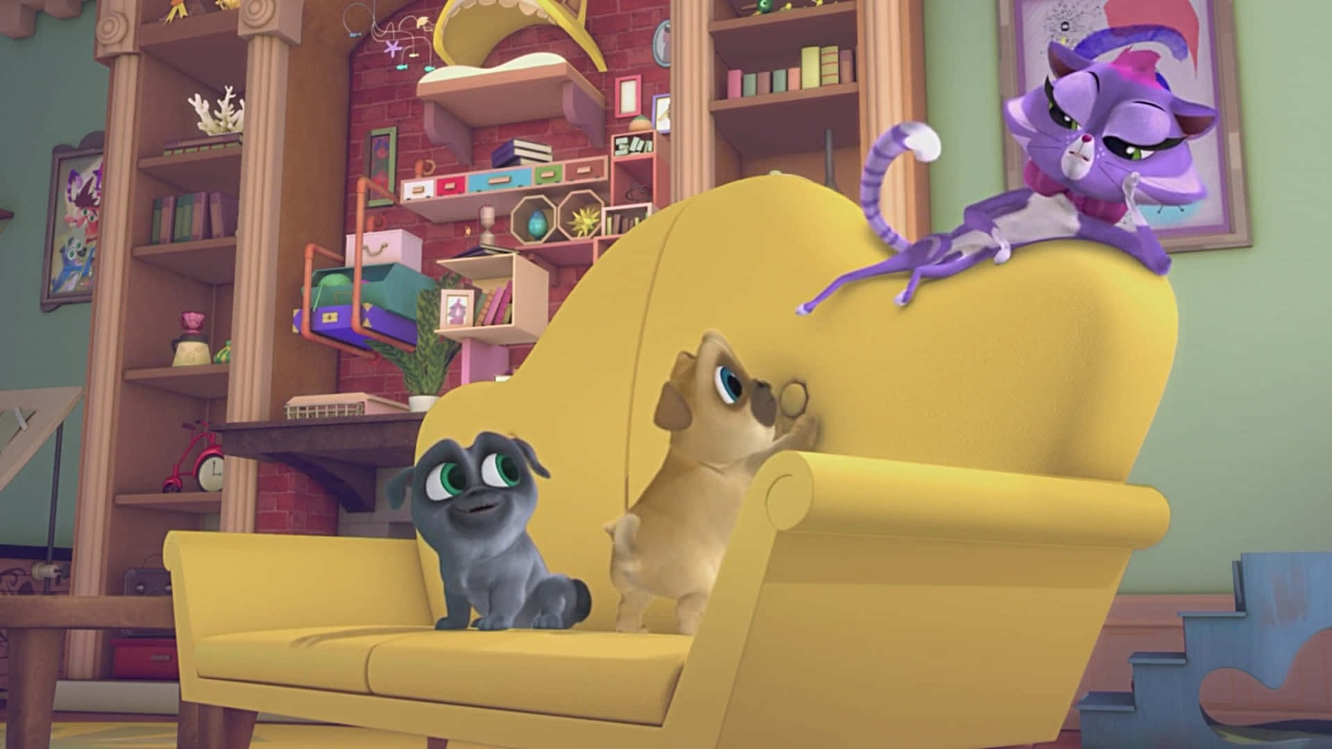 Puppy Dog Pals, purple cat, bright yellow armchair, Full HD Desktop Wallpaper