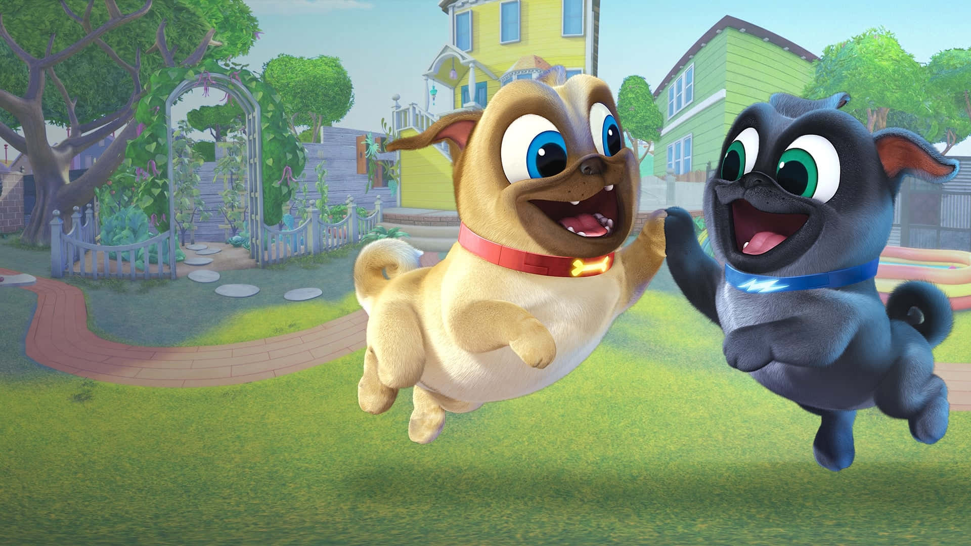 Puppy Dog Pals, cartoon puppies, vibrant suburban garden, Full HD Desktop Wallpaper