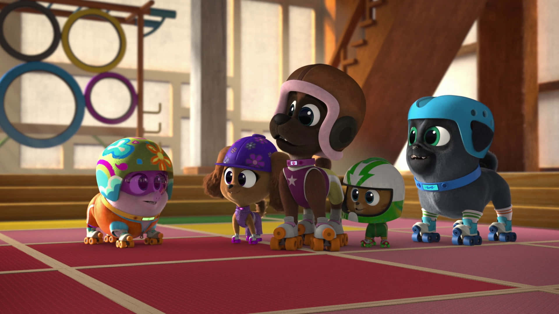 Puppy Dog Pals, rollerblading, gymnasium floor, Full HD Desktop Wallpaper