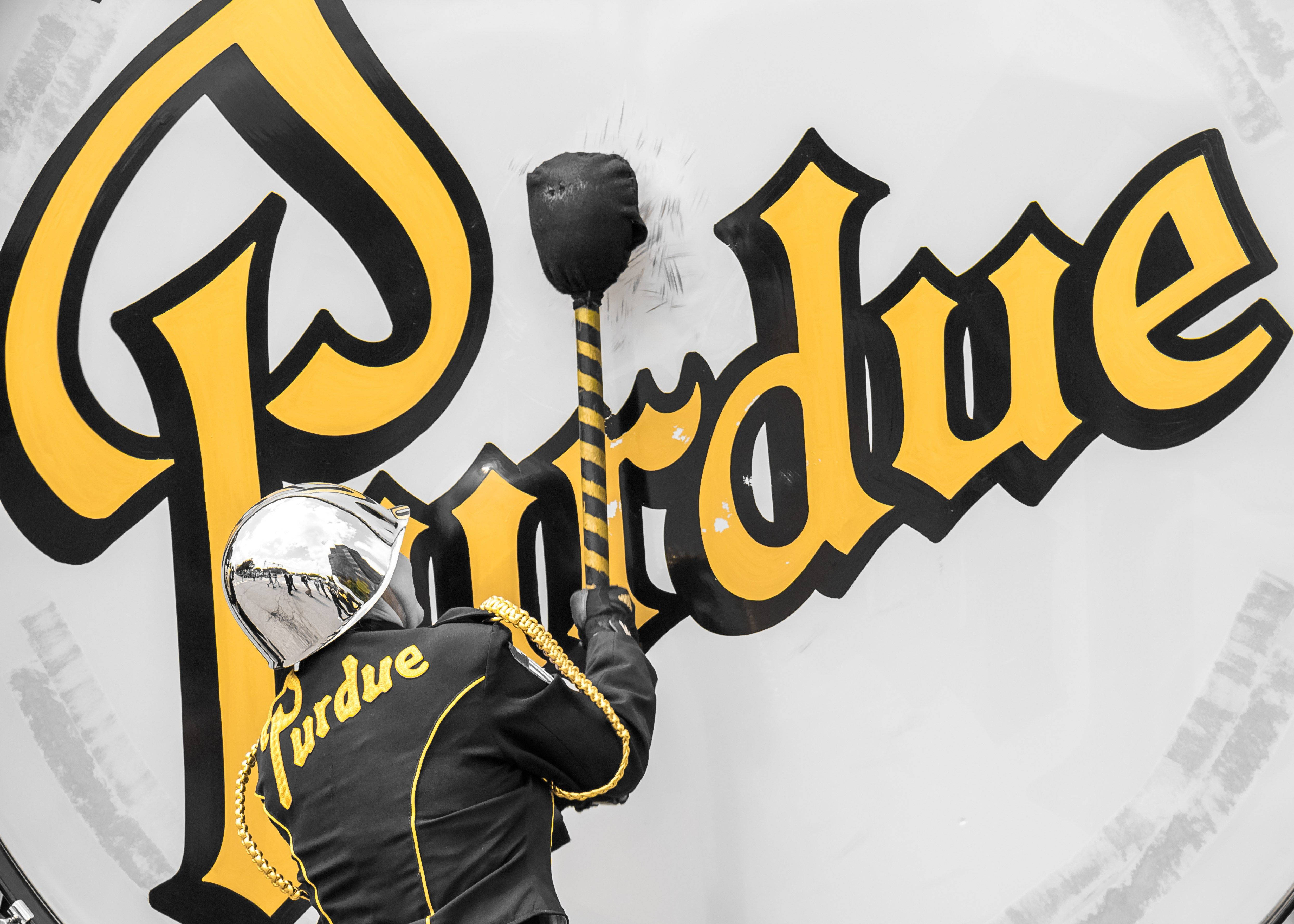Purdue University, yellow and black Purdue logo, white surface, 4K Desktop Wallpaper