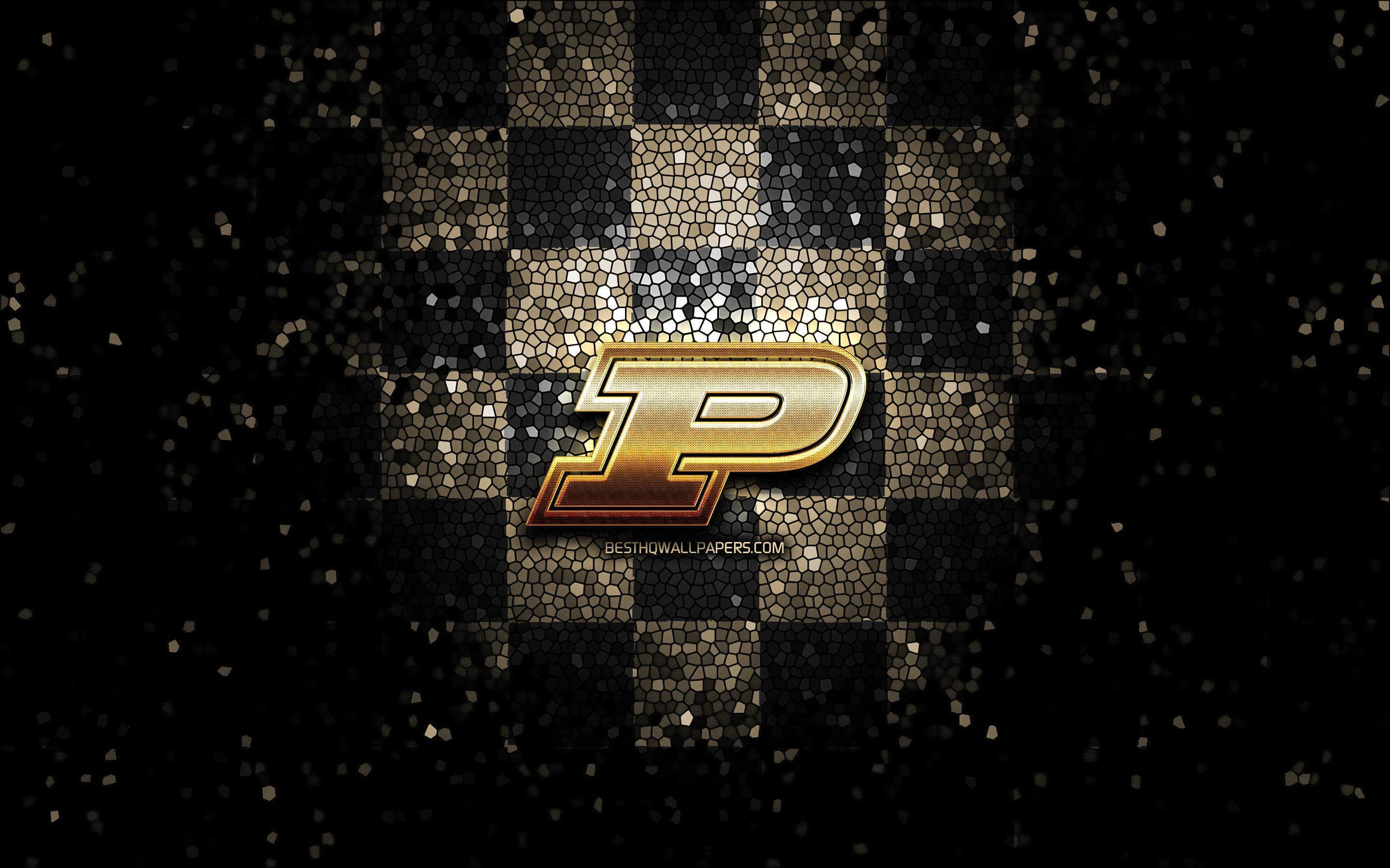 Purdue University, gold, black and gold mosaic checkered background, 2K Desktop Wallpaper