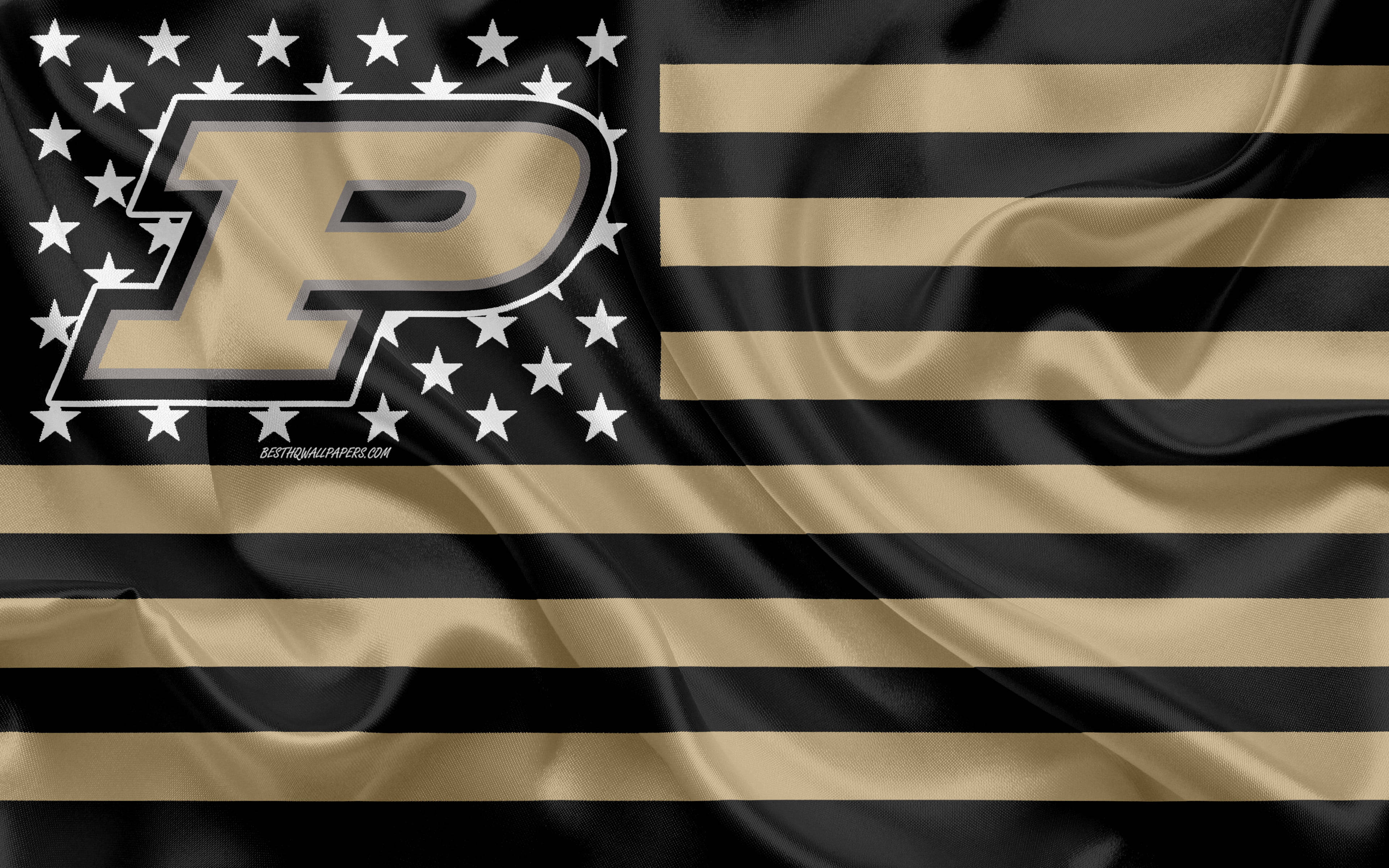 Purdue University, gold and black flag, stylized P emblem, 4K Desktop Wallpaper