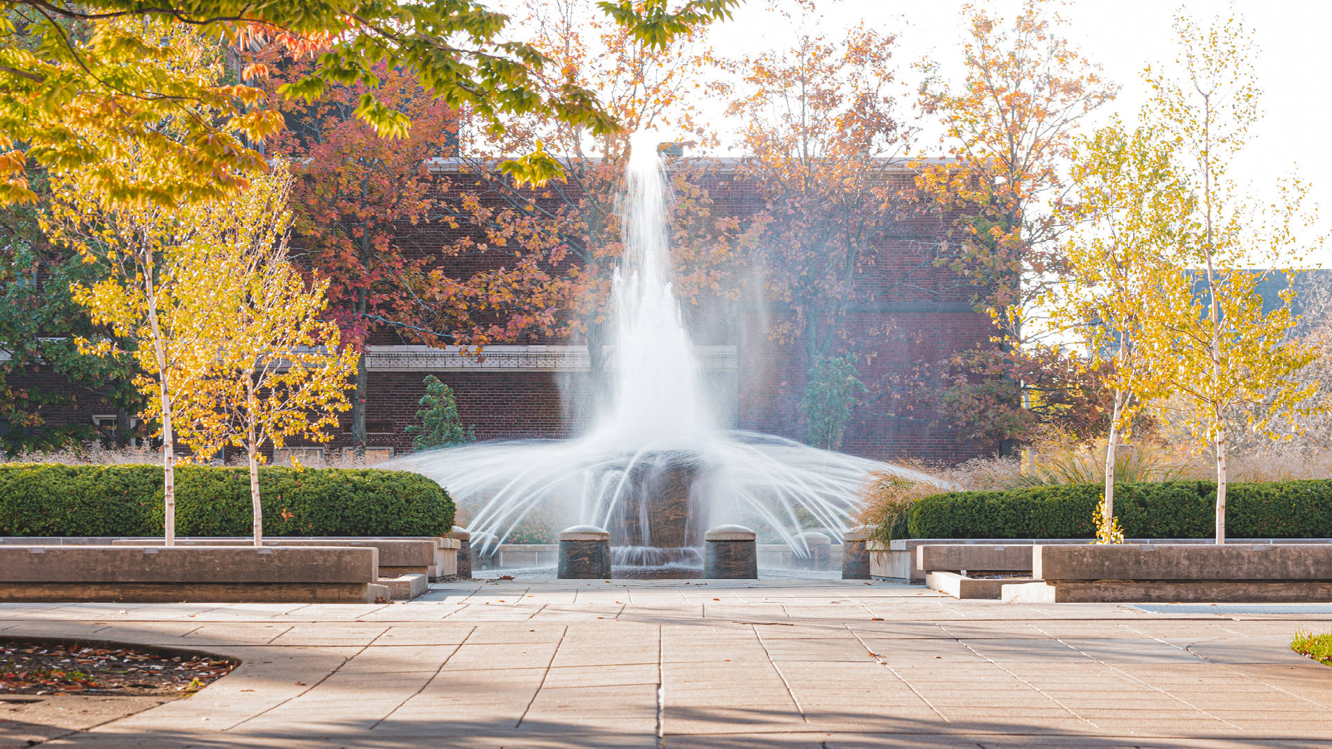 Purdue University, fountain, sunlit plaza, Full HD Desktop Wallpaper