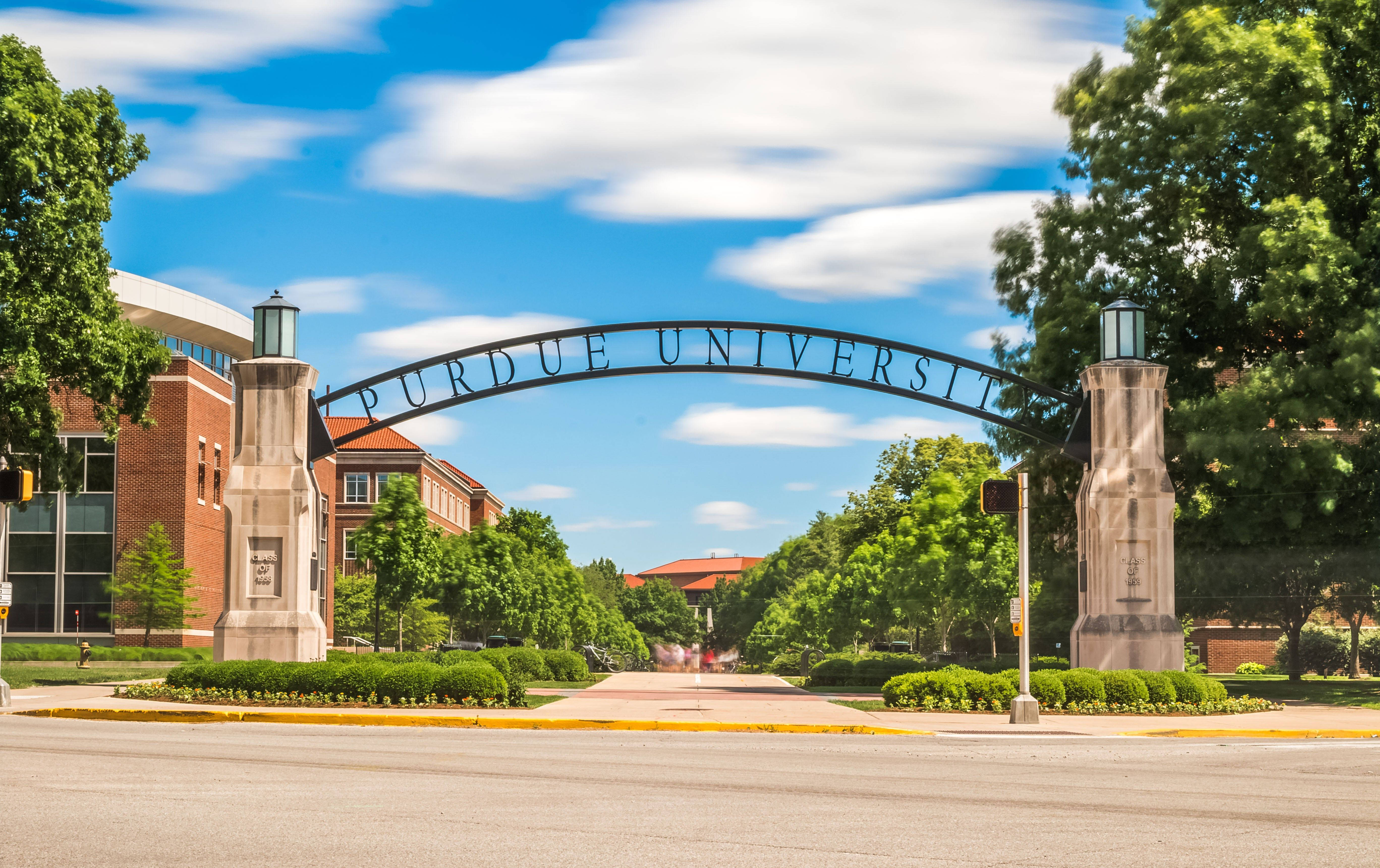 Purdue University, iconic arch, bright blue sky, 5K Desktop Wallpaper