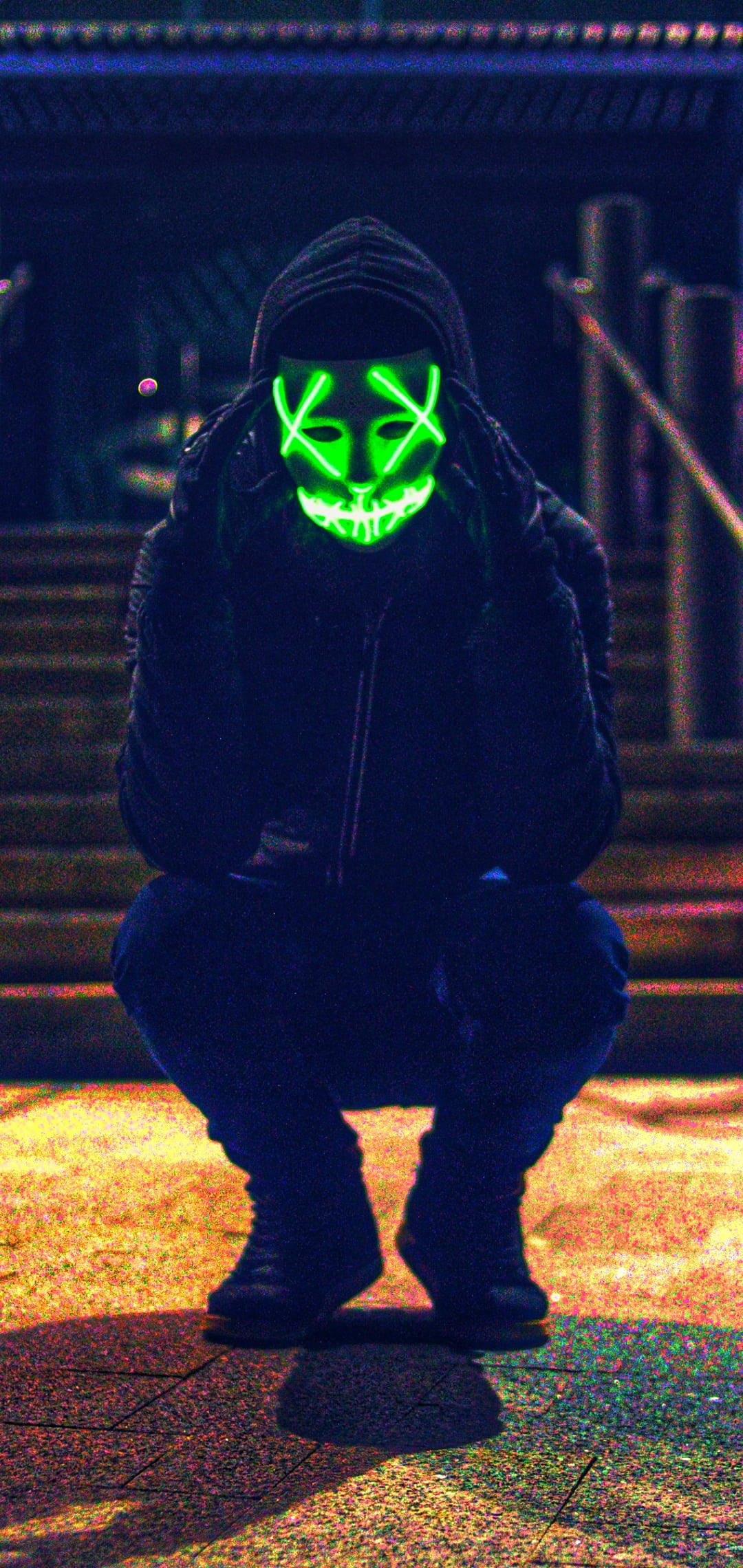 Purge mask, glowing green skull mask, dark urban alley, Full HD Phone Wallpaper
