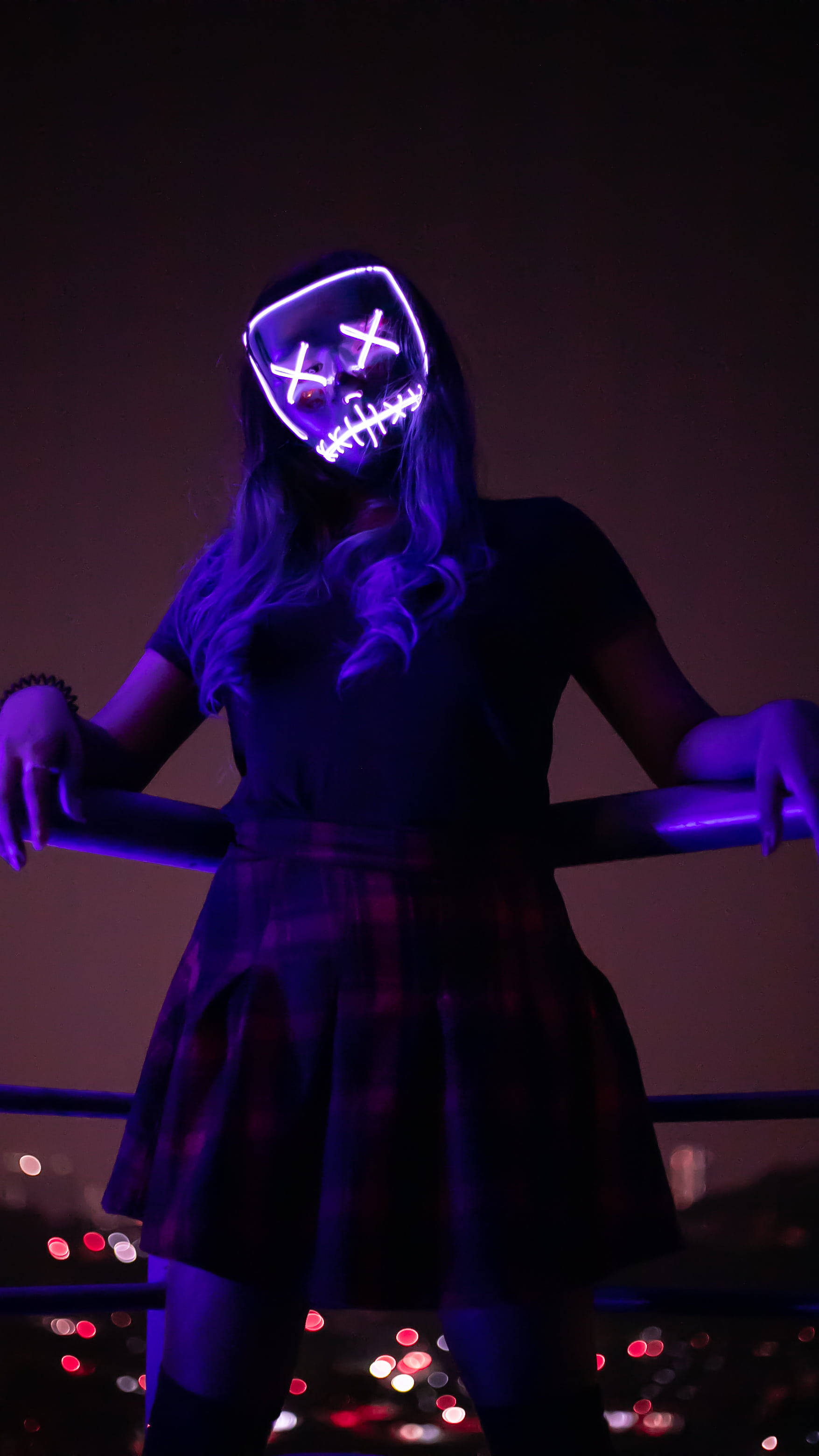 Purge Mask, glowing purple LED mask, rooftop, 2K Phone Wallpaper