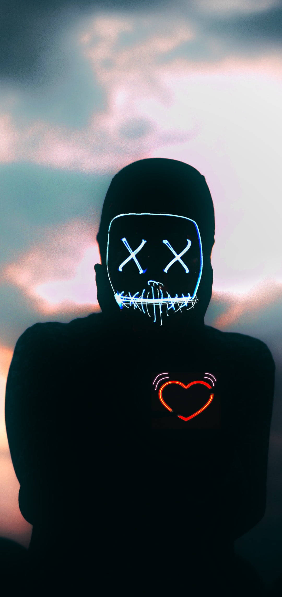 Purge Mask, neon heart, glowing LED mask, Full HD Phone Wallpaper