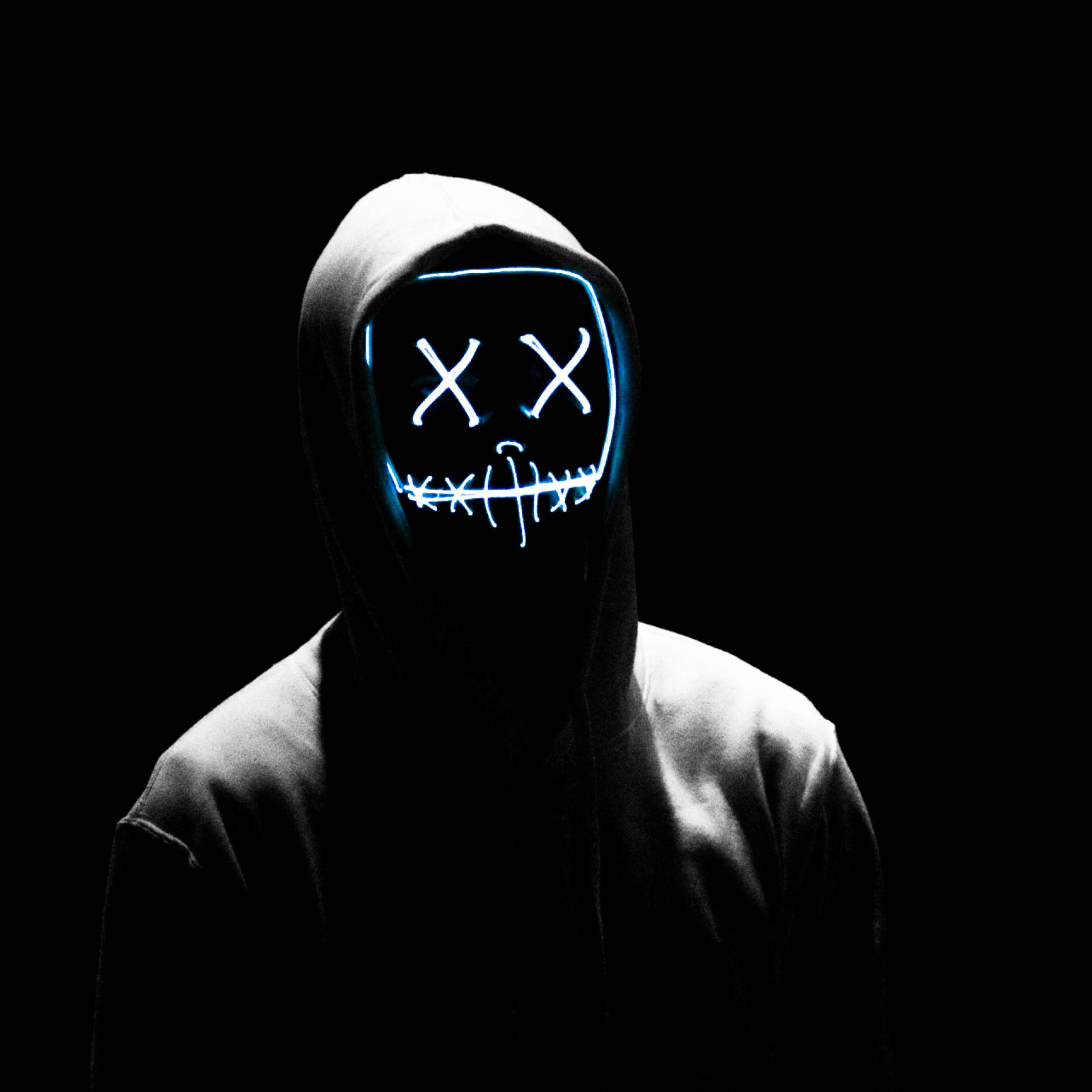 neon purge mask, glowing blue LED mask, X eyes, 2K Desktop Wallpaper