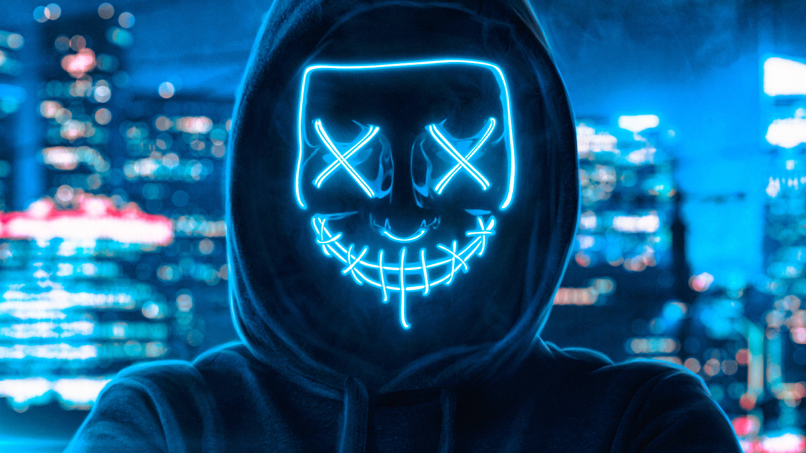 neon blue light, glowing blue LED mask, X eyes, 2K Desktop Wallpaper